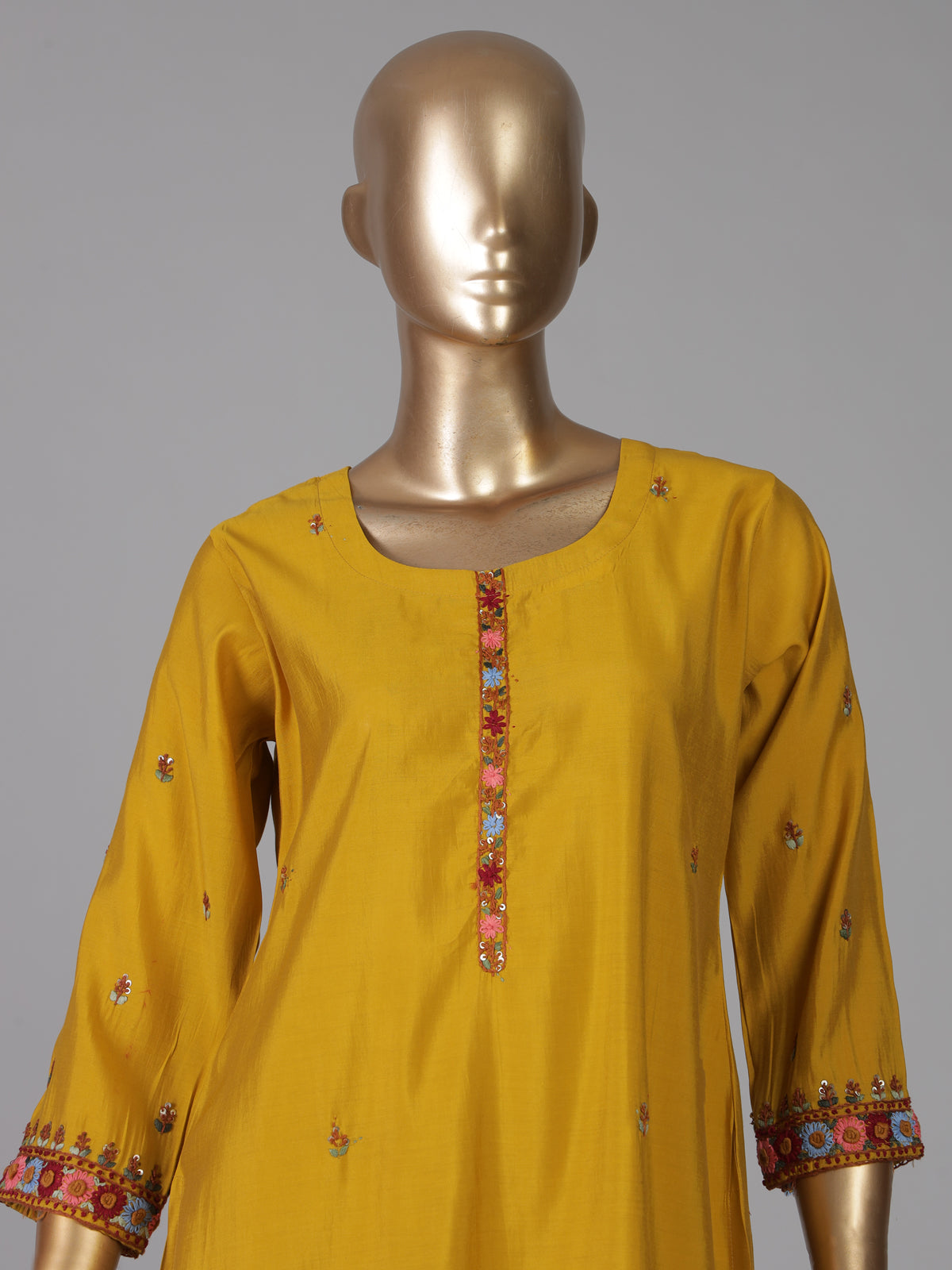 Mustard yellow silk straight cut festive kurti set with dupatta