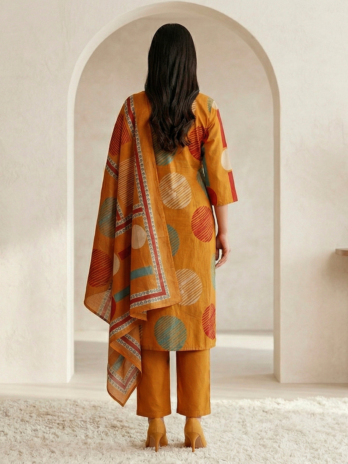 Mustard yellow cotton silk printed festive kurti set with dupatta
