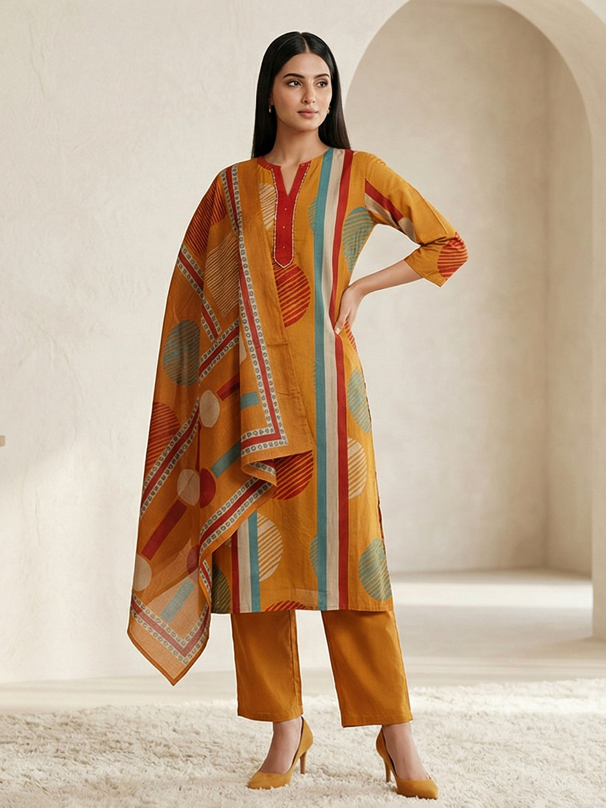 Mustard yellow cotton silk printed festive kurti set with dupatta