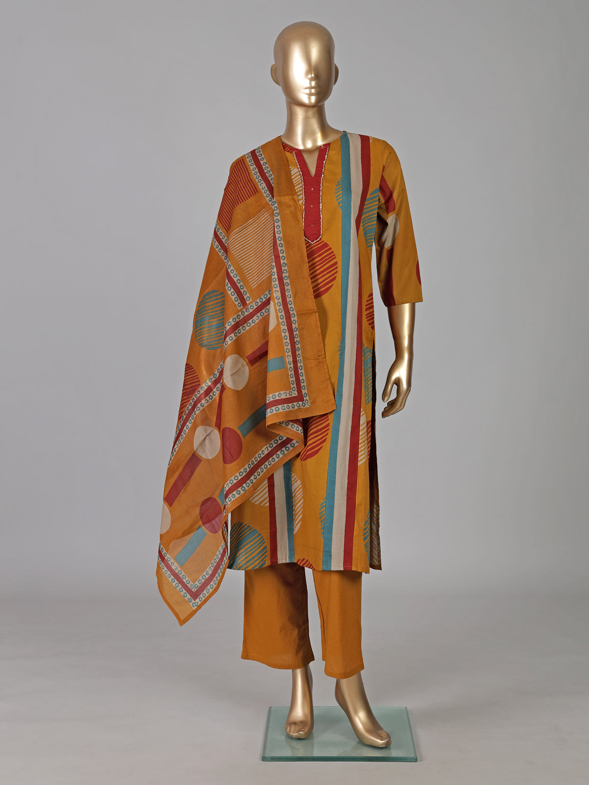 Mustard yellow cotton silk printed festive kurti set with dupatta
