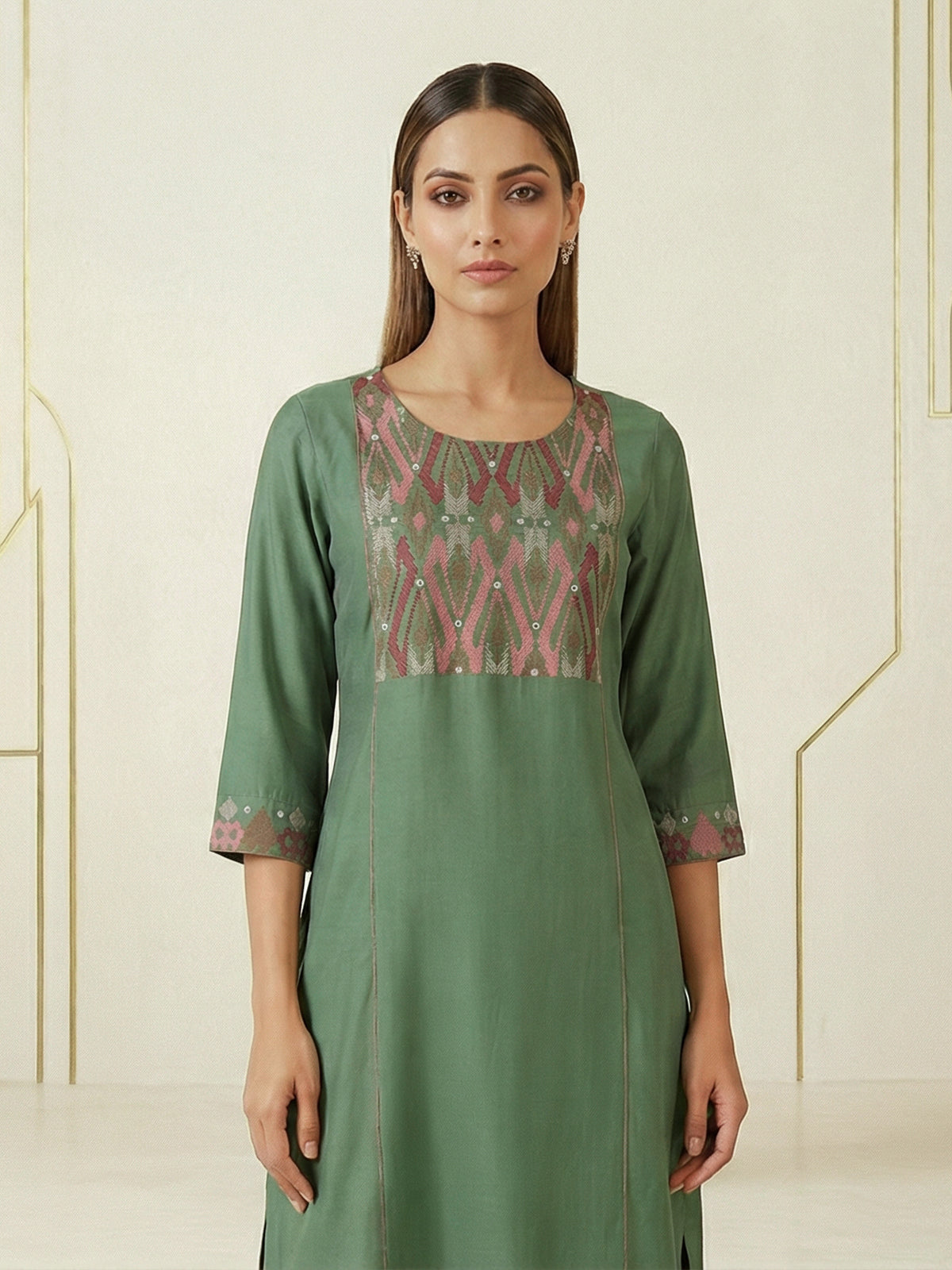 Pista green geometric embroidered cotton silk kurti