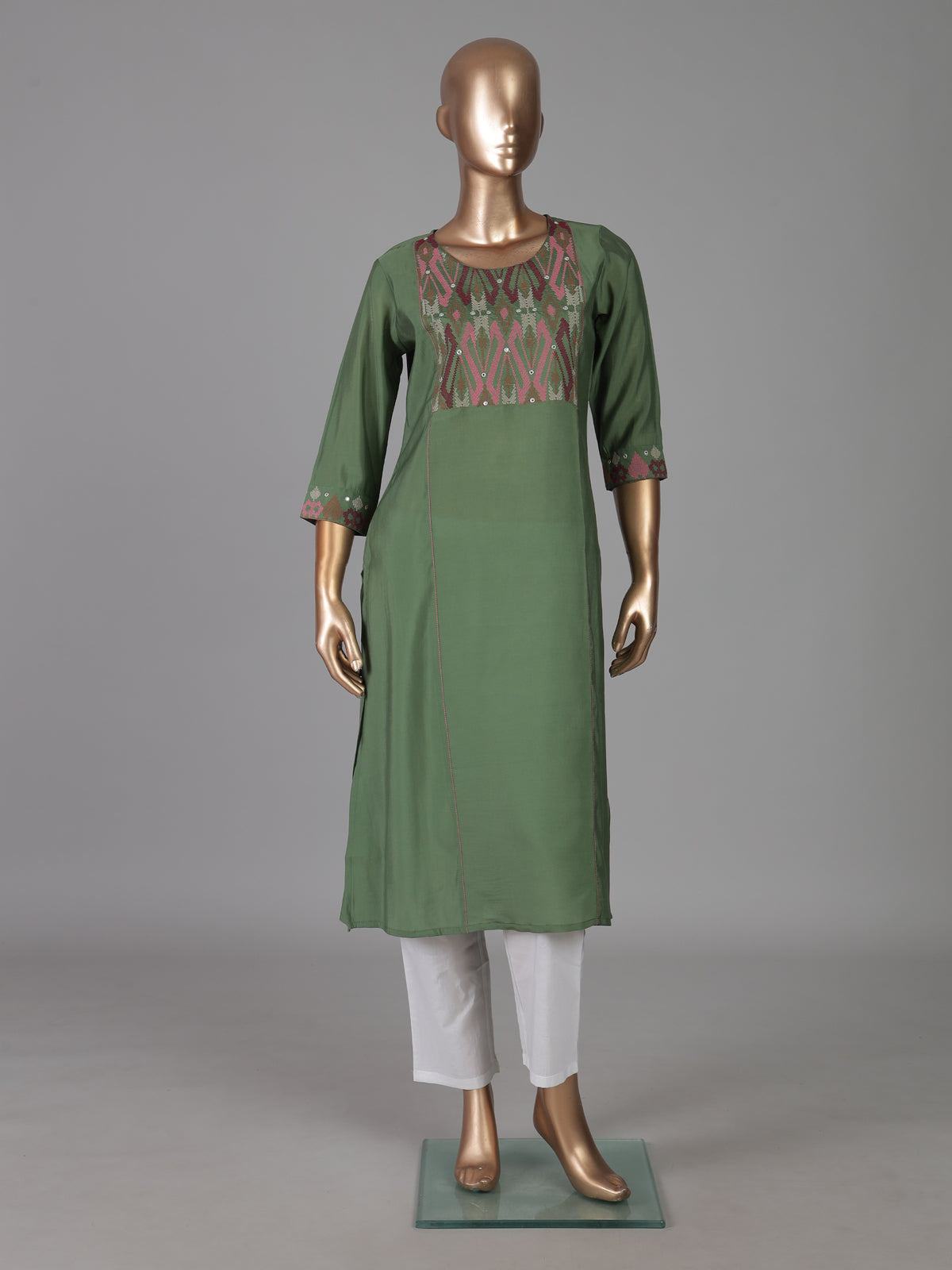 Pista green geometric embroidered cotton silk kurti