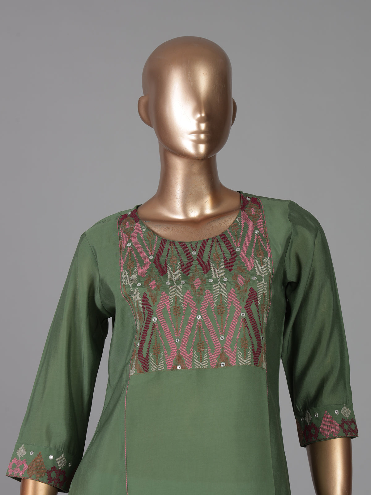 Pista green geometric embroidered cotton silk kurti