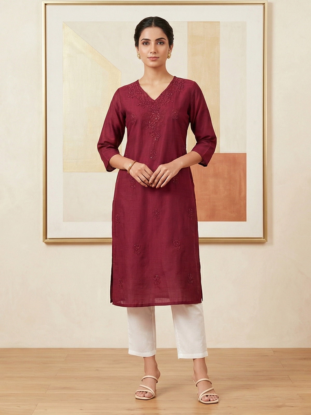 Maroon casual embroidered cotton silk kurti