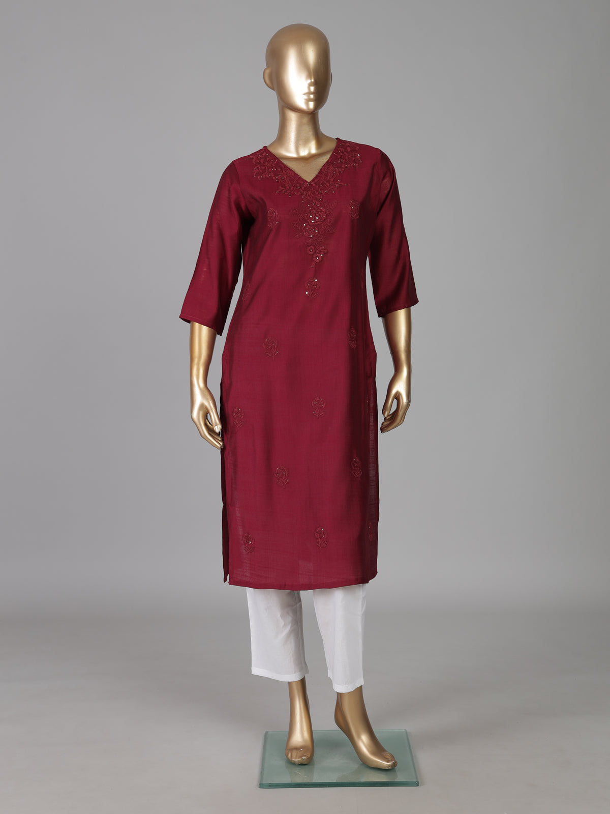 Maroon casual embroidered cotton silk kurti
