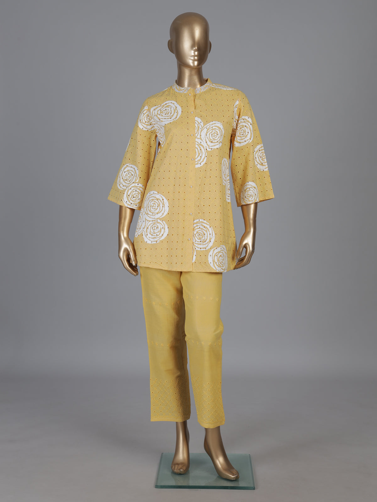 Yellow cotton co ord set with delicate cut work