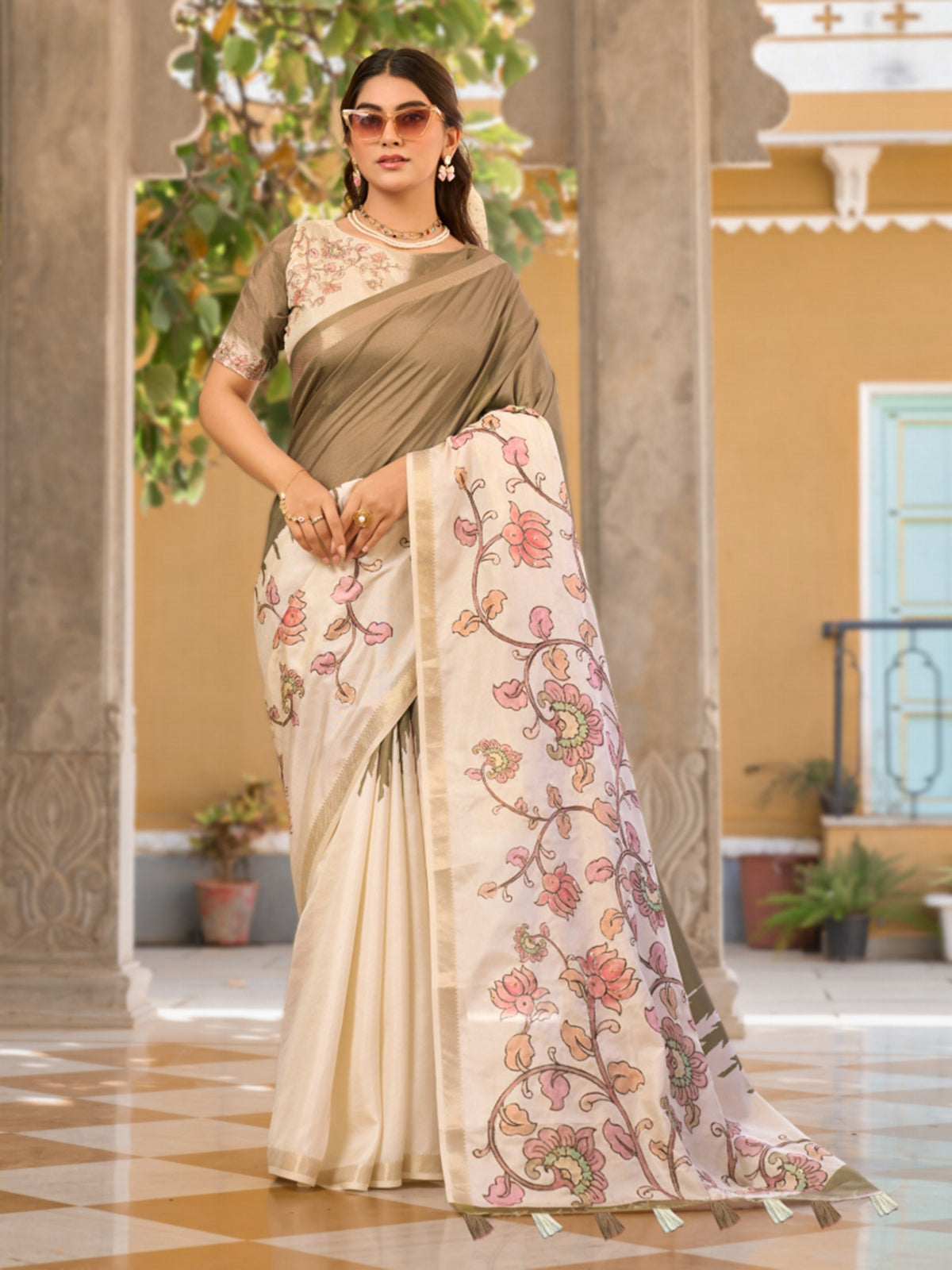 Sage green and off white tussar silk saree grace