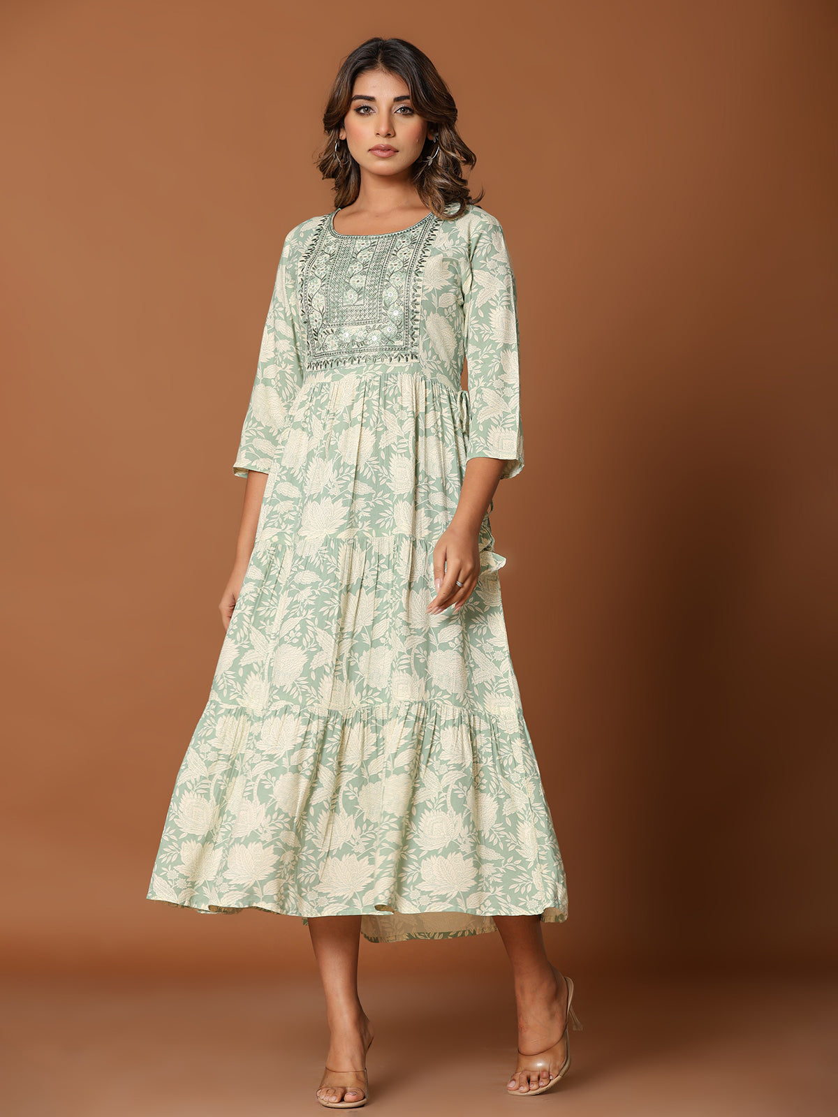 Pista green cotton silk yoke kurti with aabla work