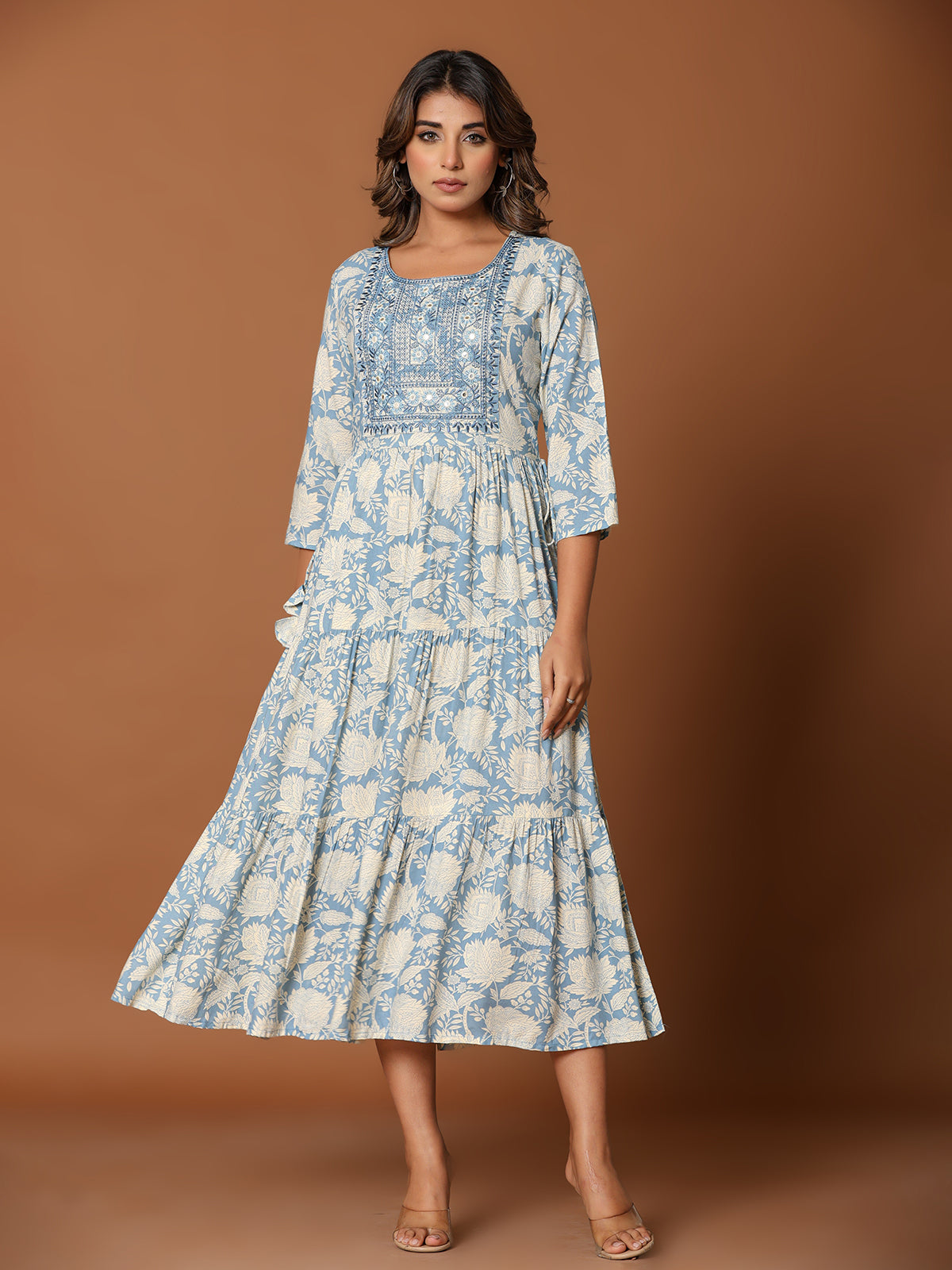 Stone blue cotton silk yoke kurti with aabla and embroidery