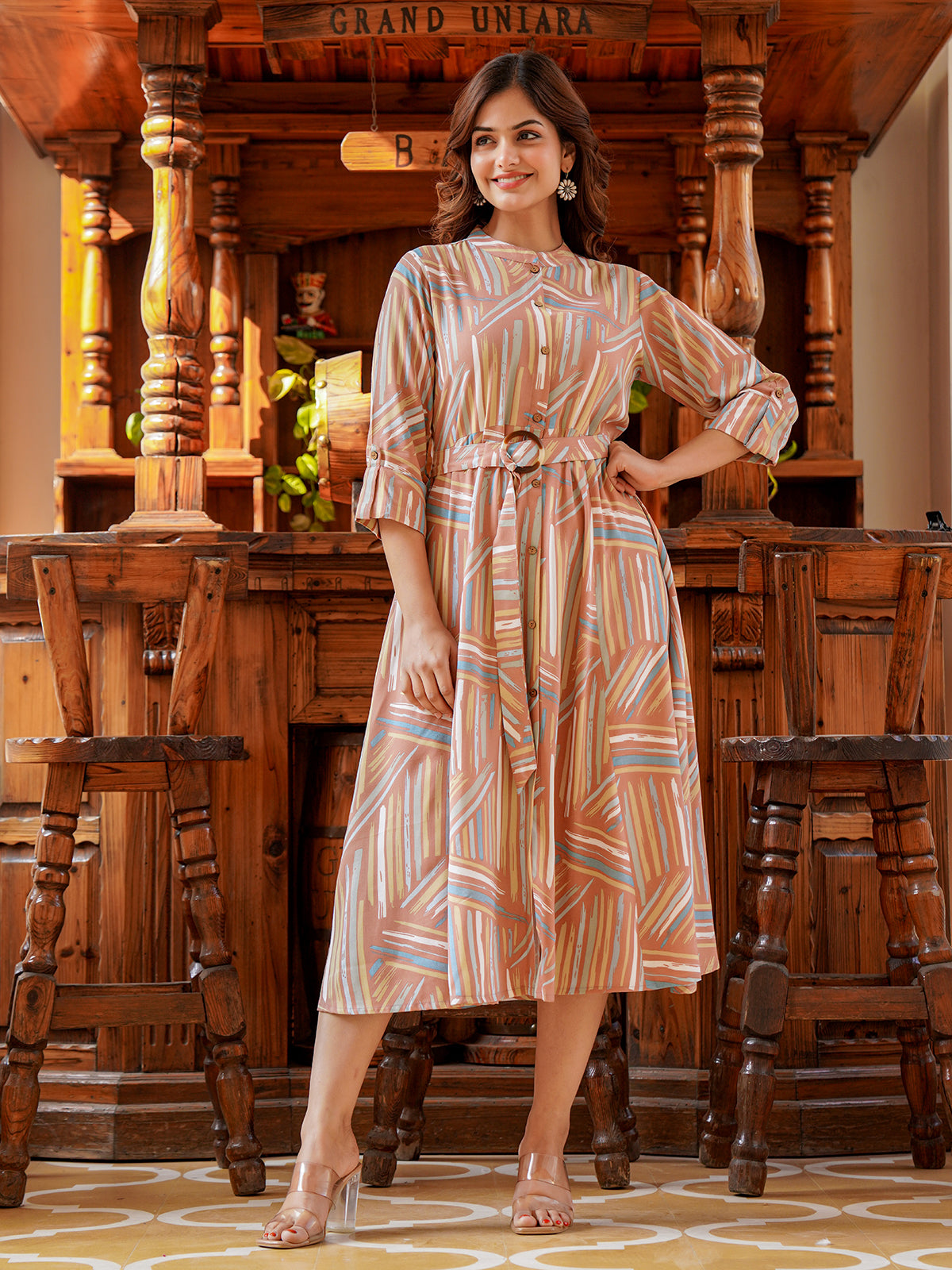 Dusty peach cotton silk printed kurti with belt design