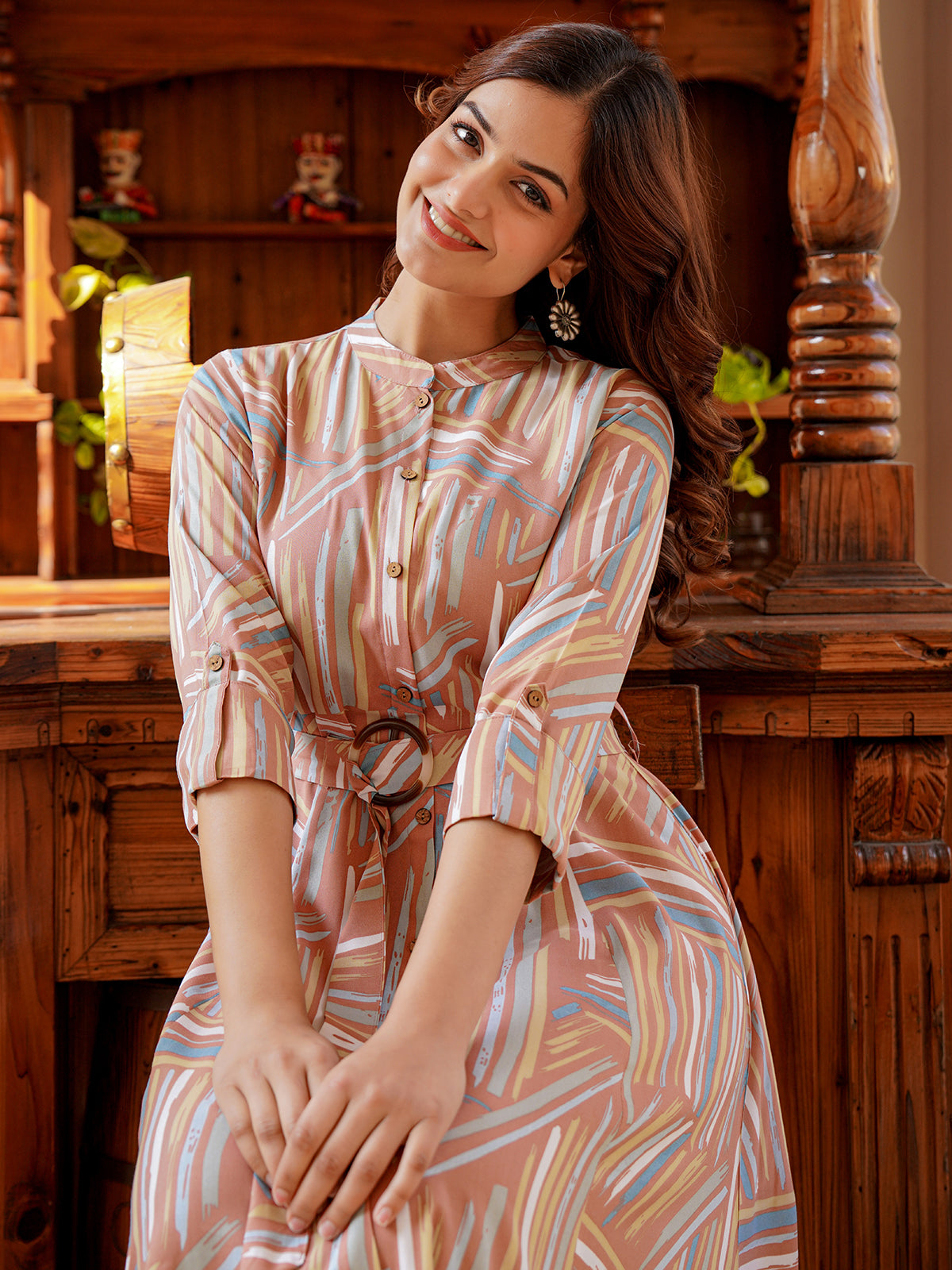 Dusty peach cotton silk printed kurti with belt design