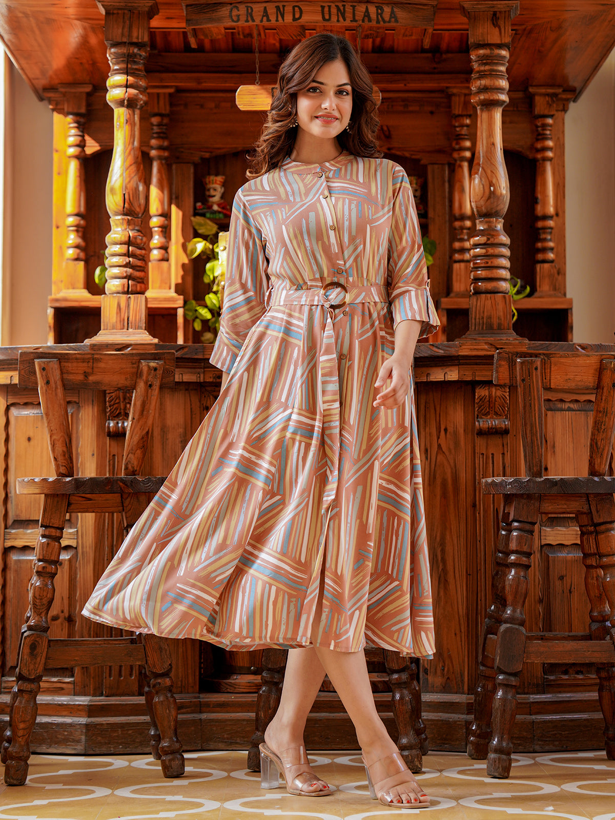 Dusty peach cotton silk printed kurti with belt design