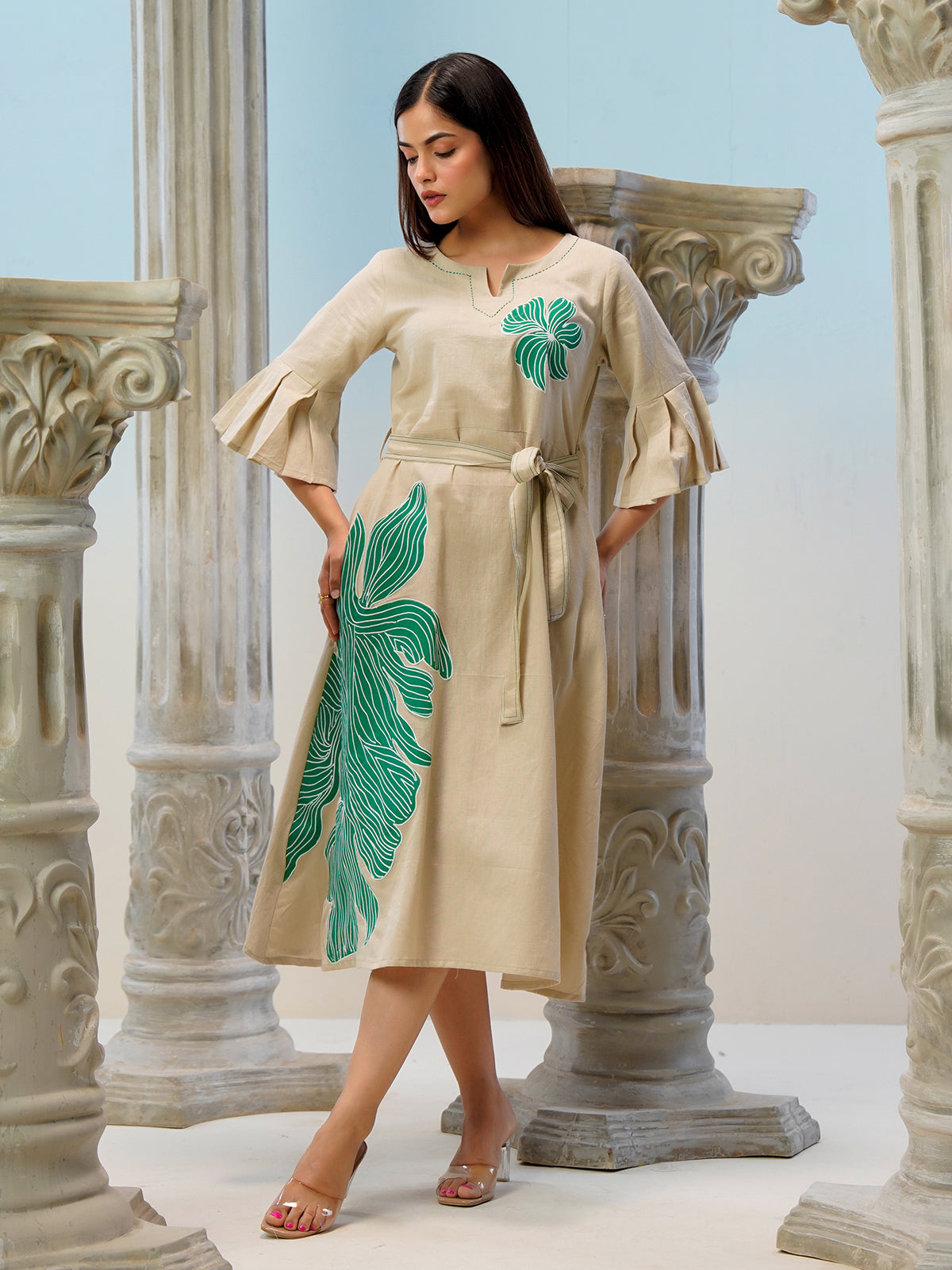 Beige cotton linen printed kurti with belt styling