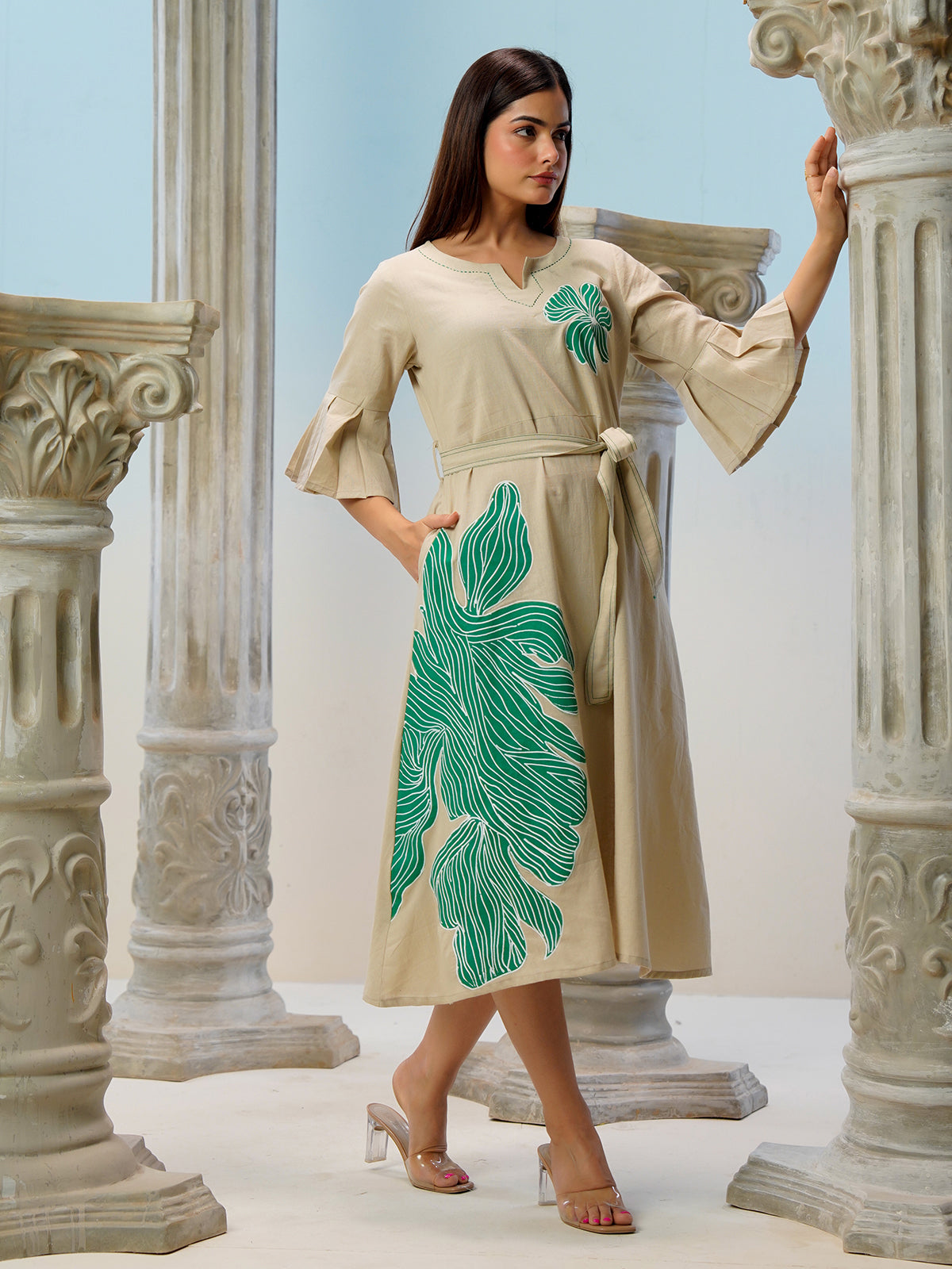 Beige cotton linen printed kurti with belt styling