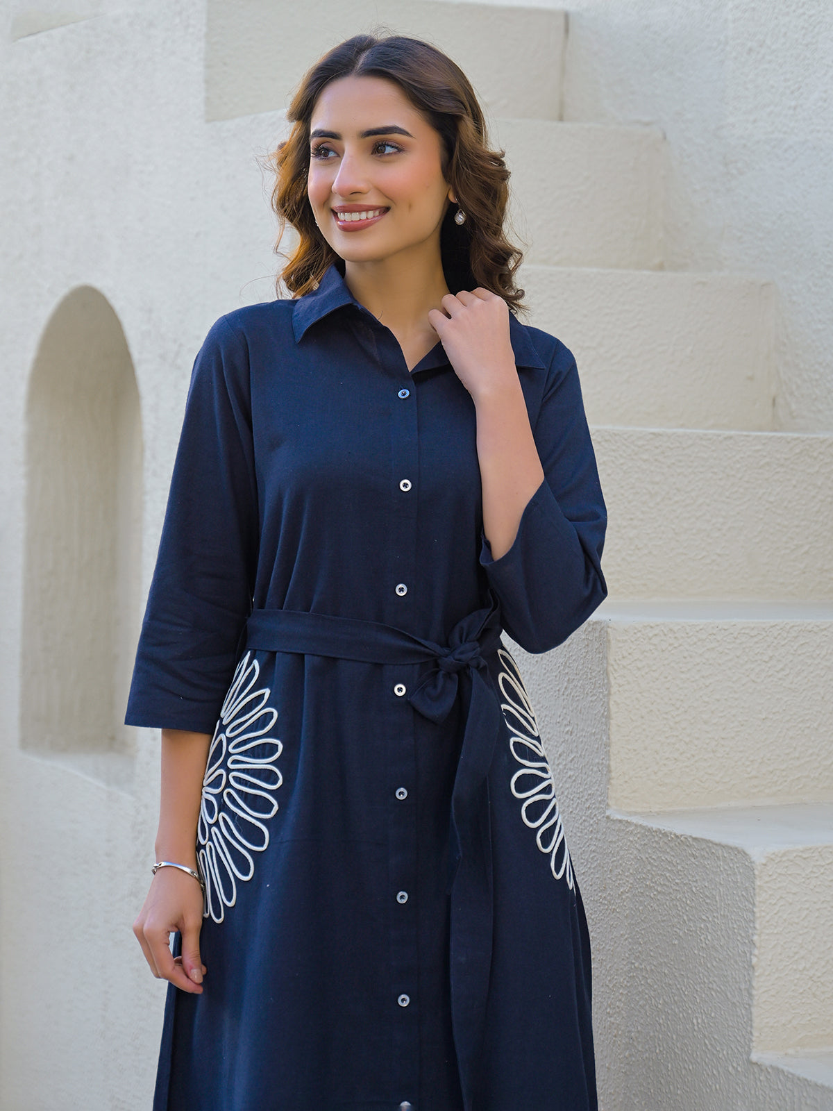 Navy cotton silk kurti with white thread belt accent