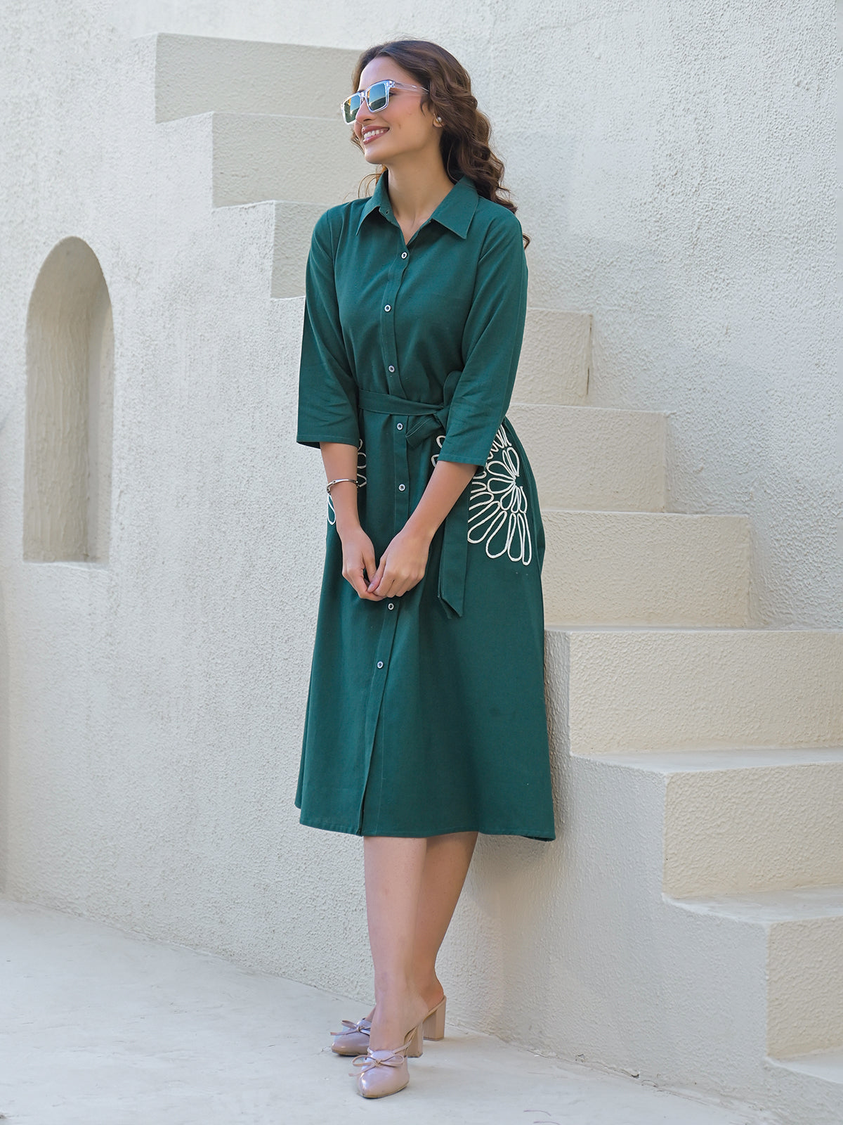 Green cotton silk kurti with white thread belt detailing