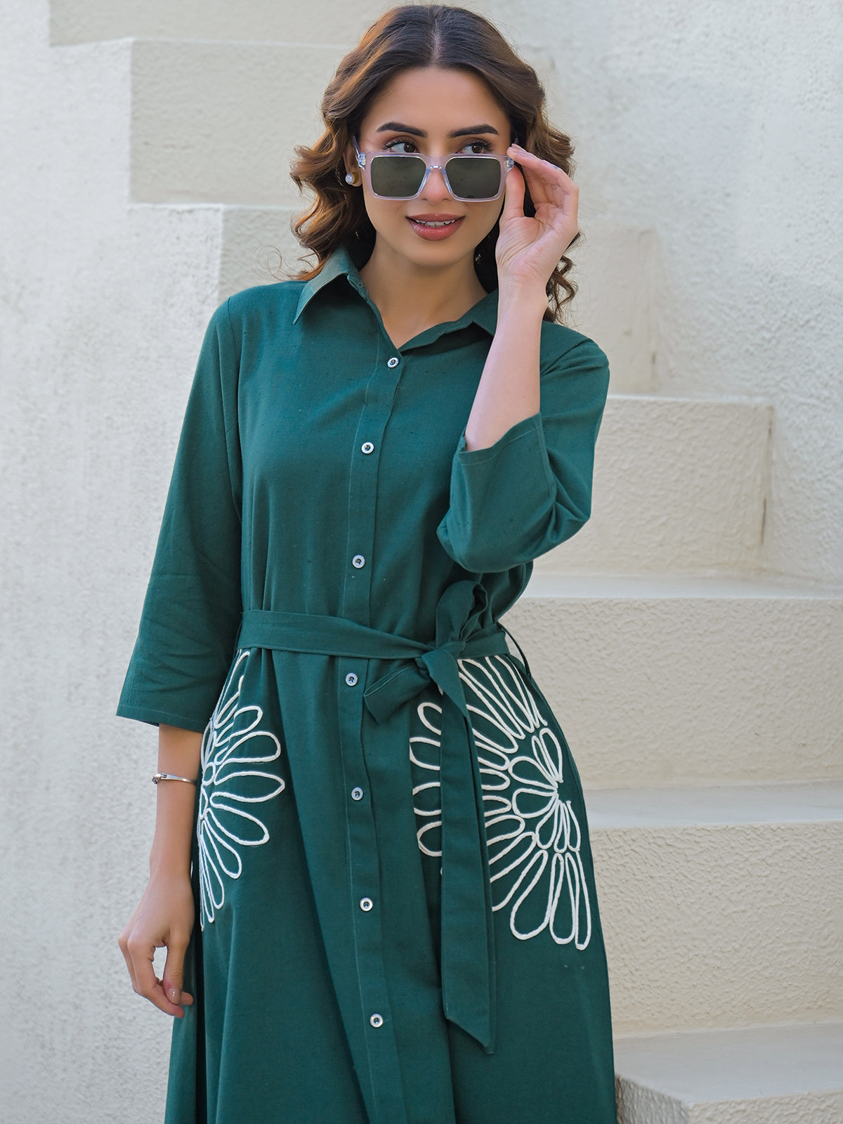 Green cotton silk kurti with white thread belt detailing