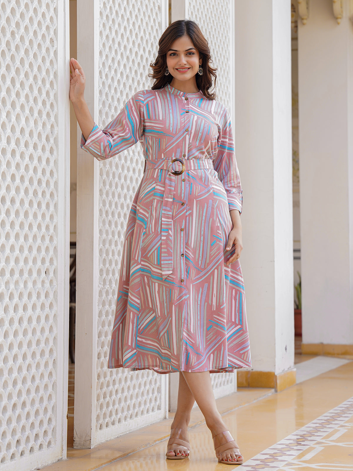 Onion pink cotton silk printed kurti with stylish belt