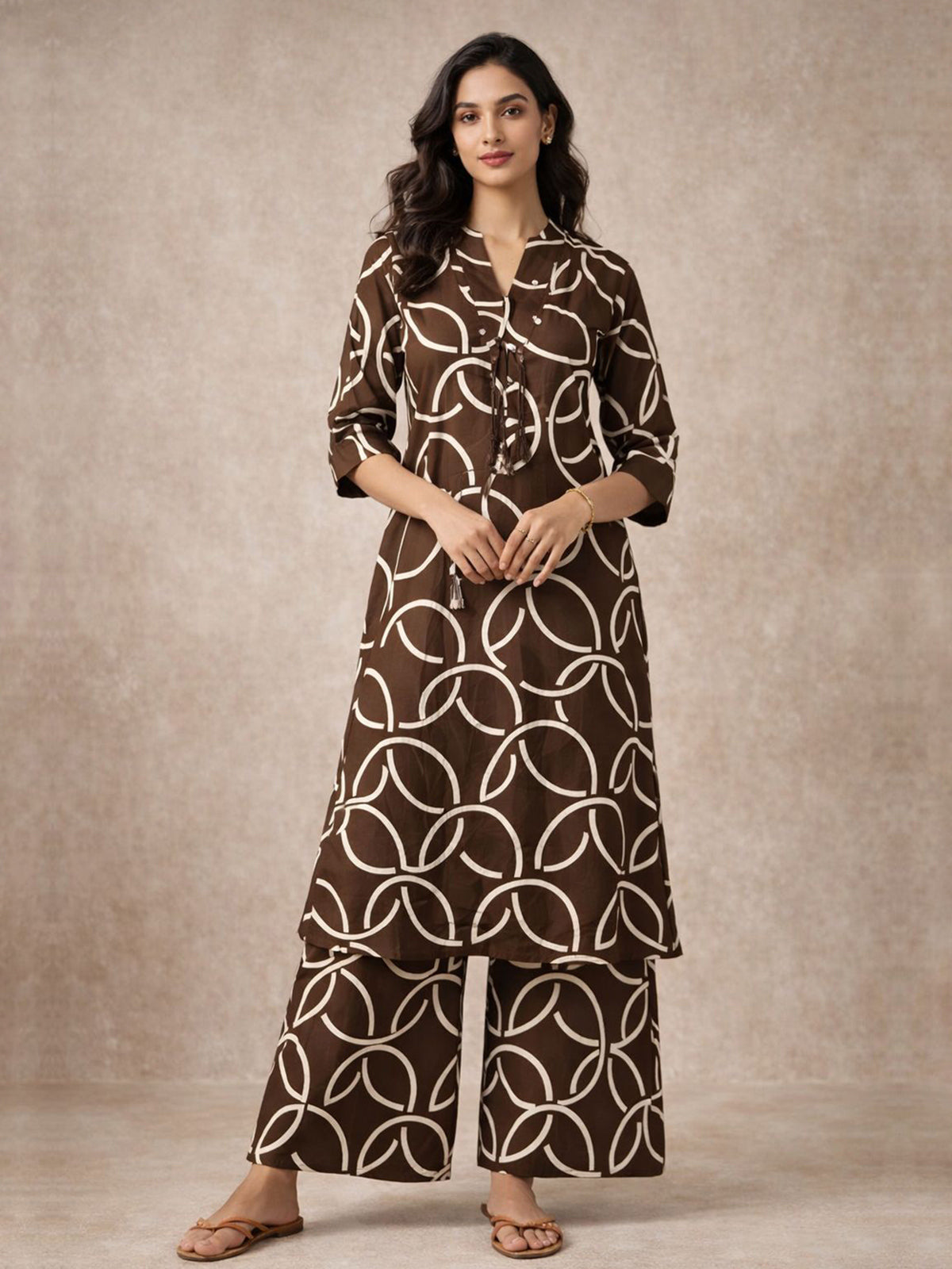 Brown silk printed kurti palazzo set with stand collar