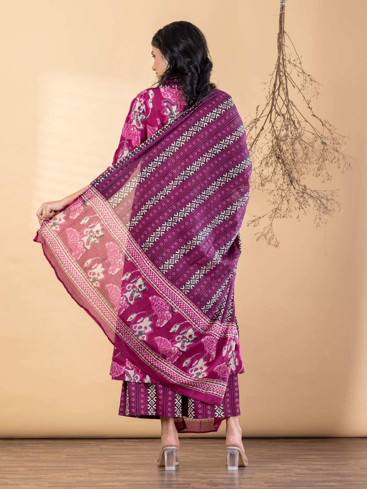 Purple silk printed festive kurti palazzo set with dupatta