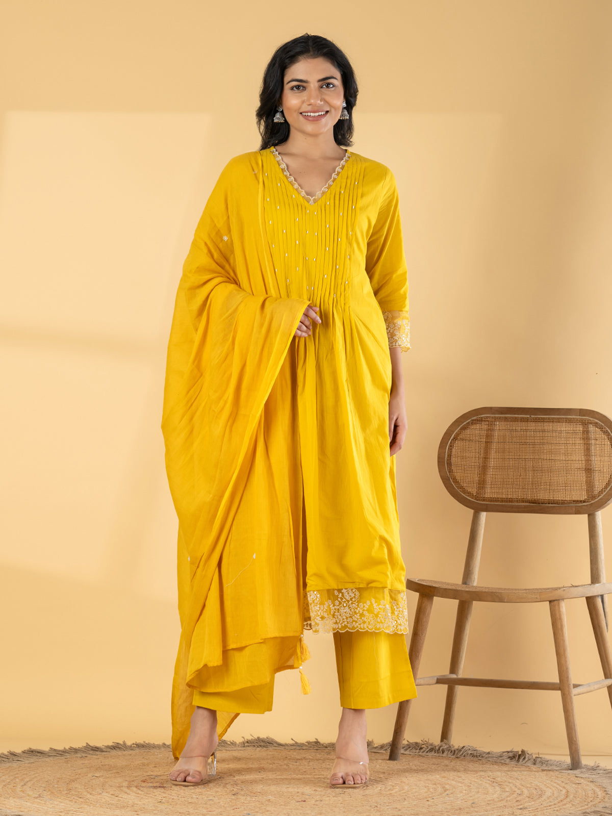 Yellow cotton silk yoke kurti set with beadwork detailing
