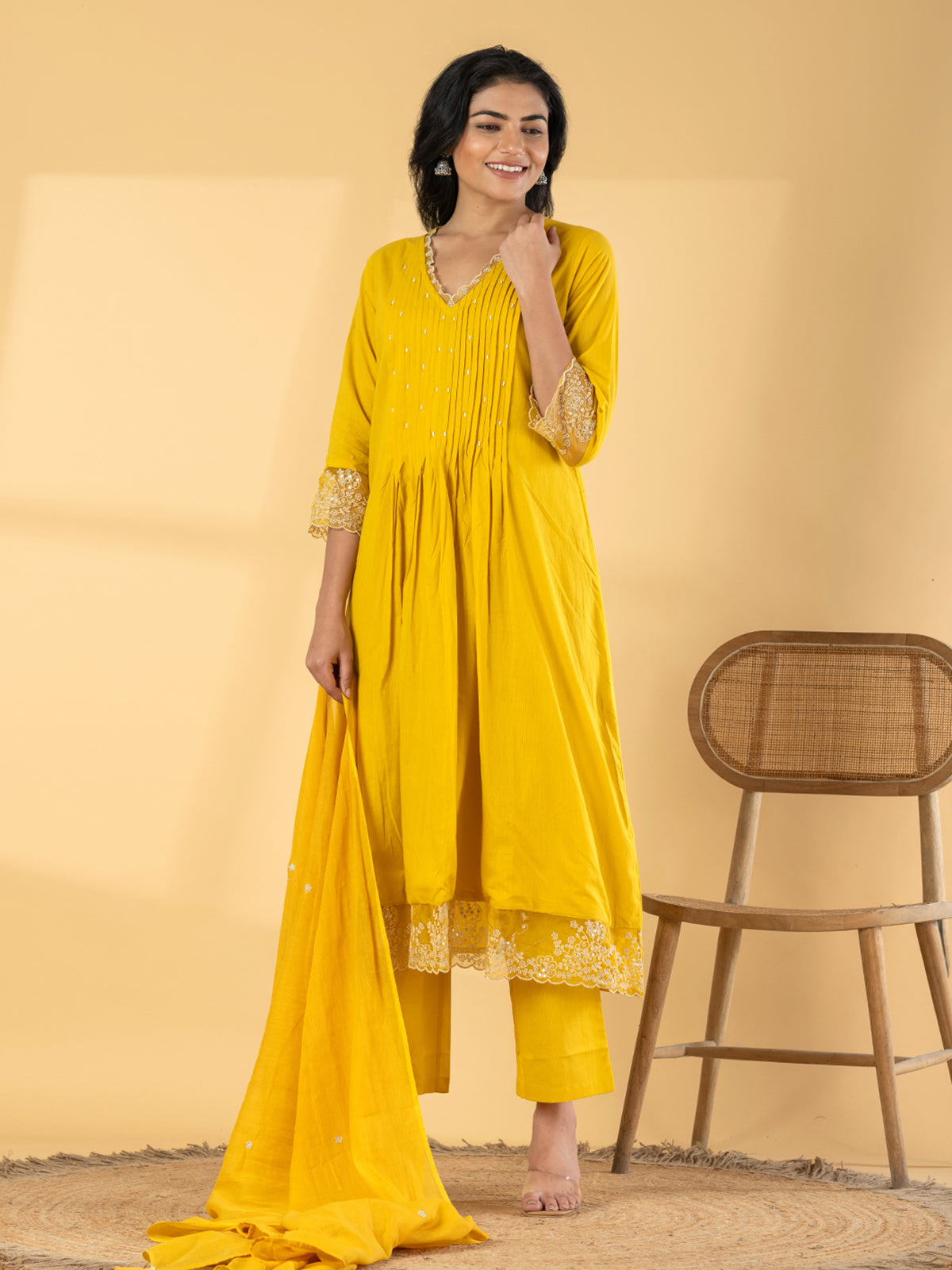 Yellow cotton silk yoke kurti set with beadwork detailing