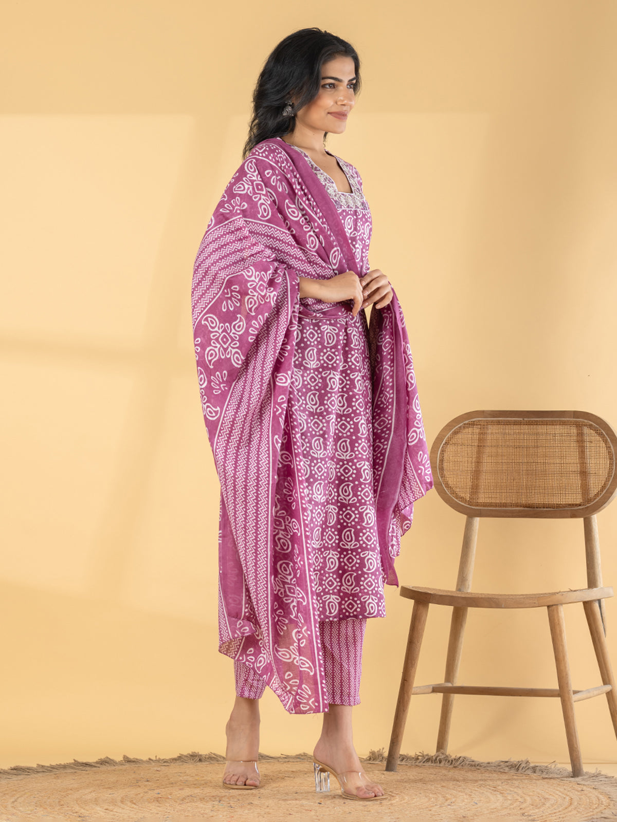 Purple silk straight cut printed kurti set with dupatta
