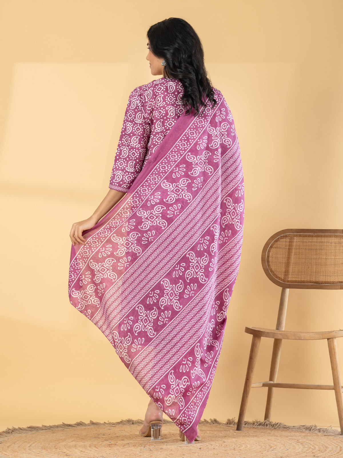 Purple silk straight cut printed kurti set with dupatta