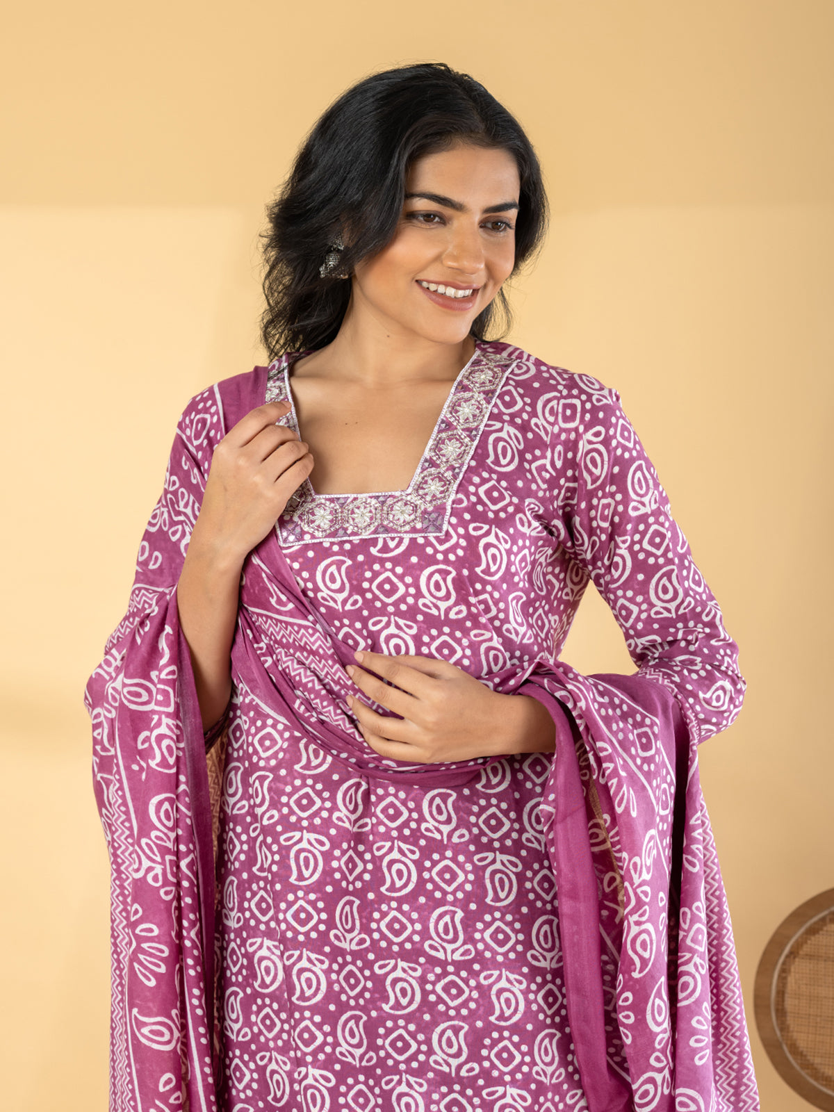 Purple silk straight cut printed kurti set with dupatta