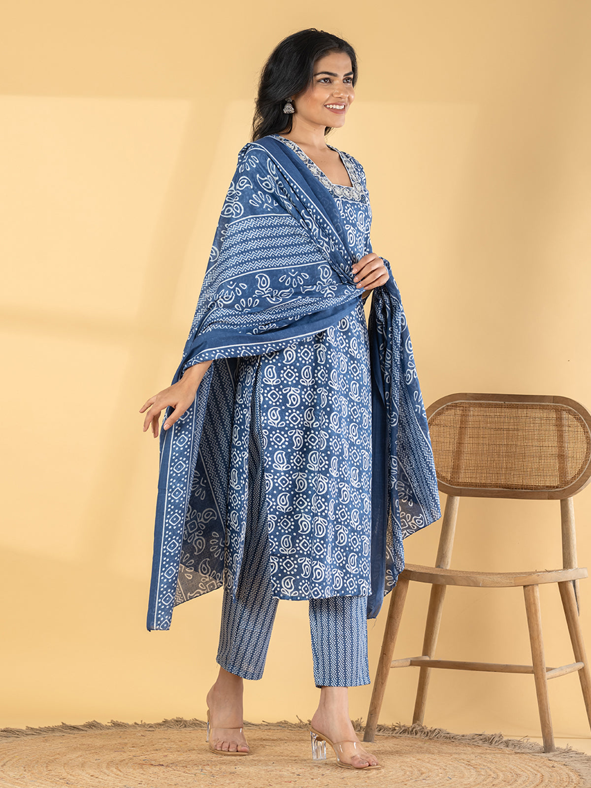 Blue silk straight cut printed kurti set with dupatta