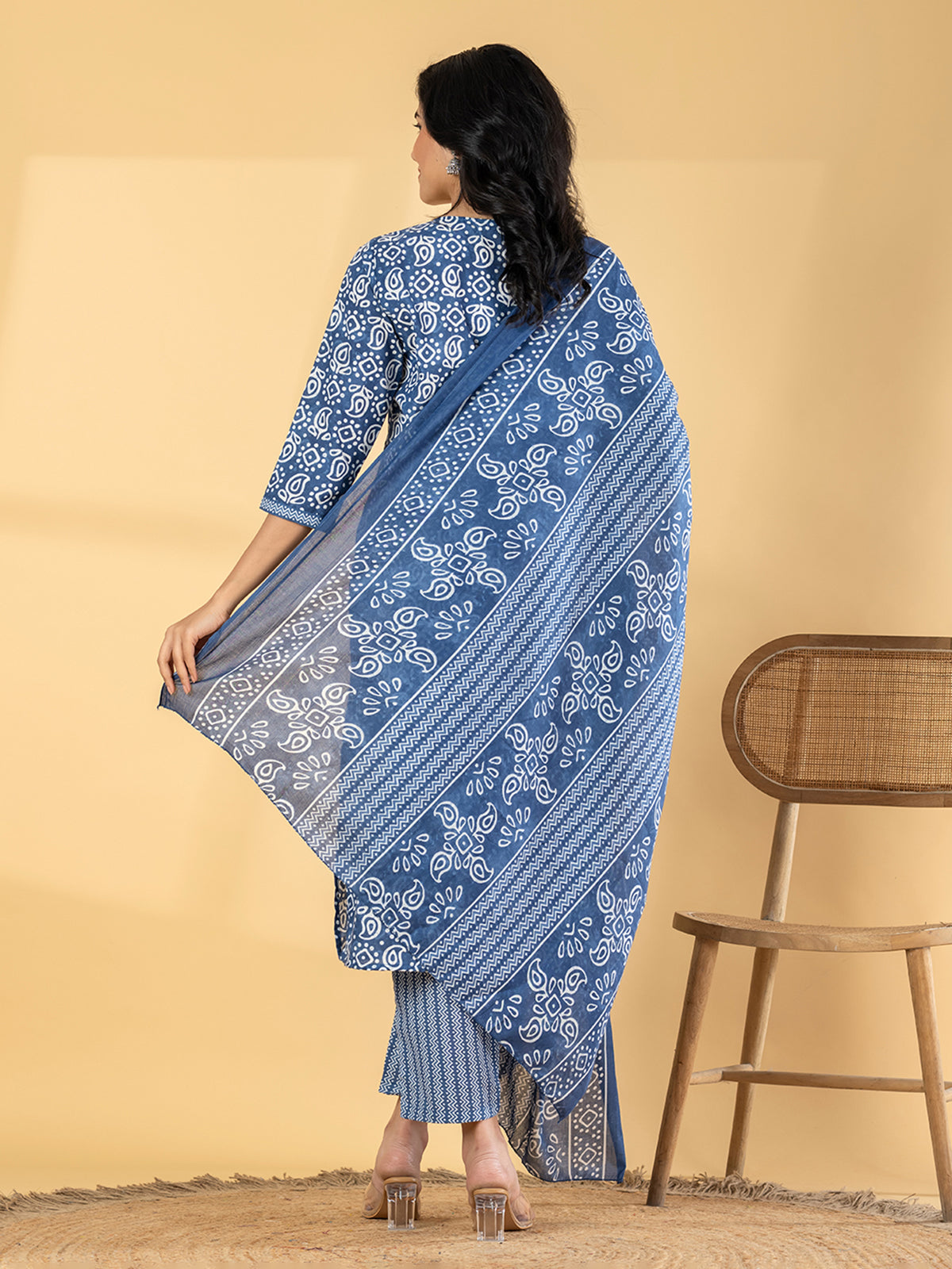 Blue silk straight cut printed kurti set with dupatta