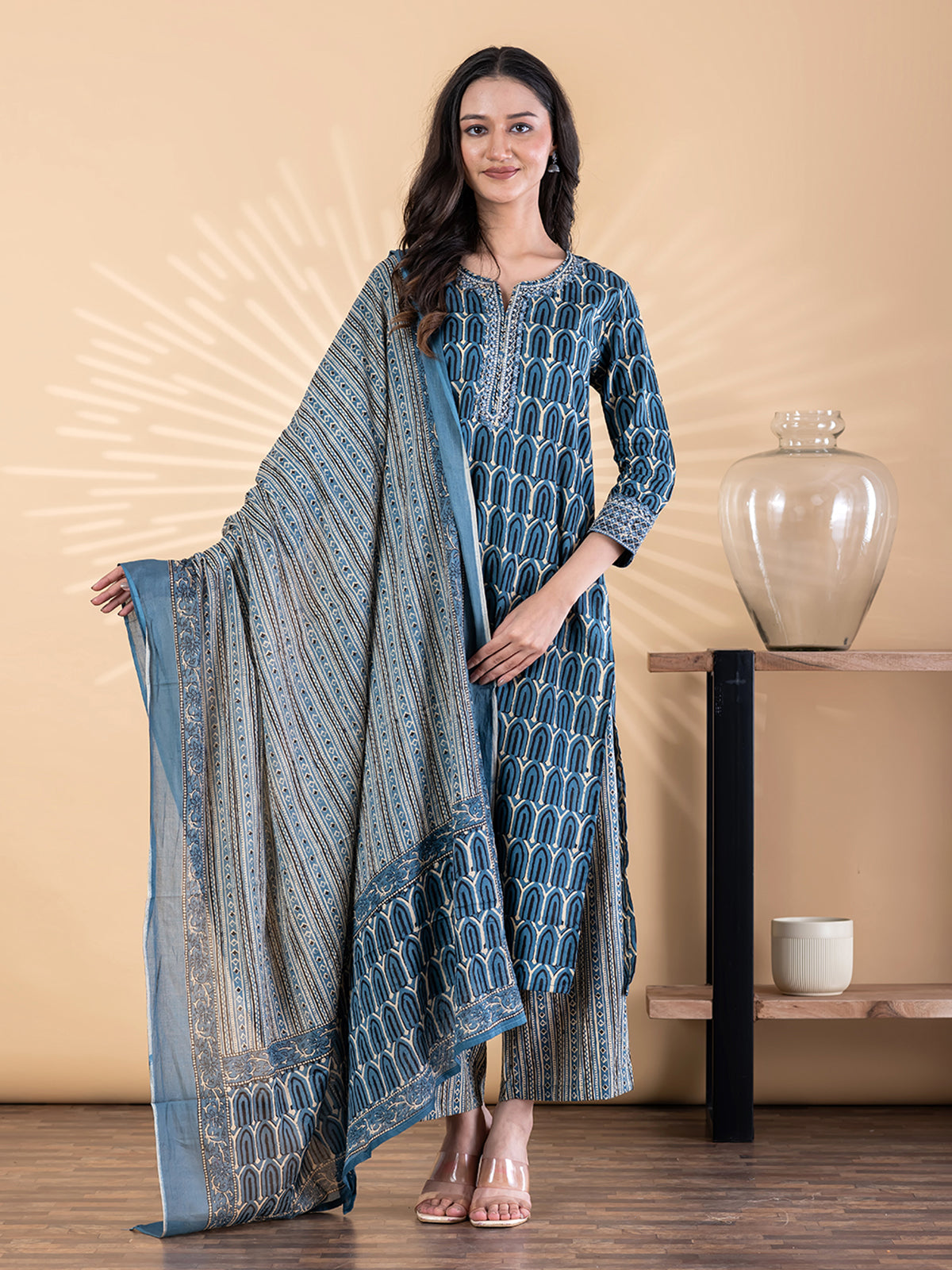 Blue silk kurti palazzo set with aabla work