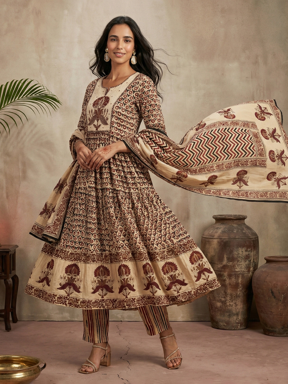 Beige maroon cotton silk yoke kurti set with thread work