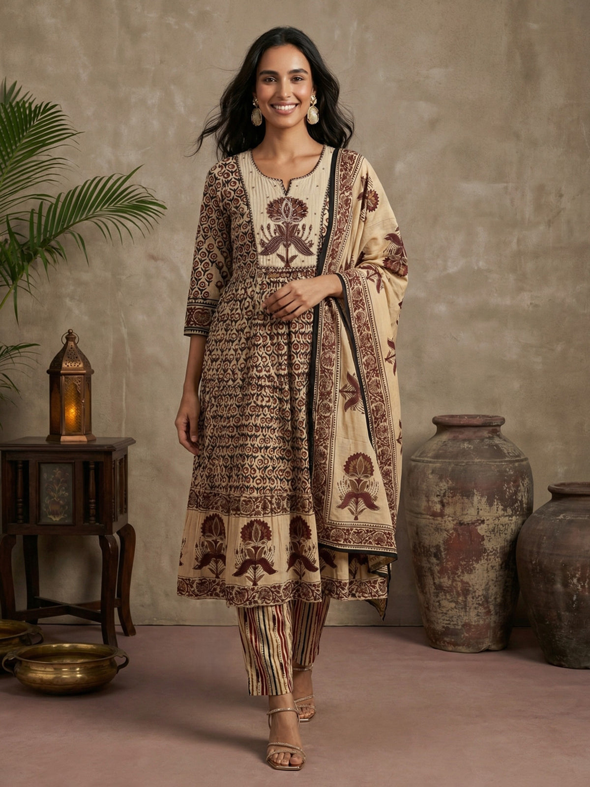 Beige maroon cotton silk yoke kurti set with thread work