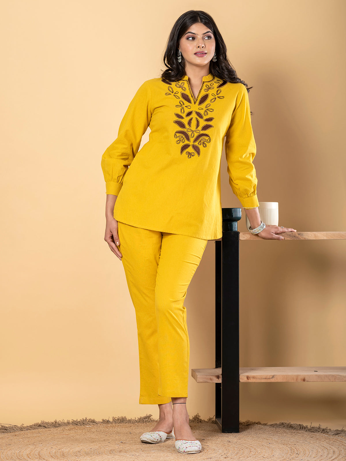 Mustard yellow cotton thread work casual co ord set