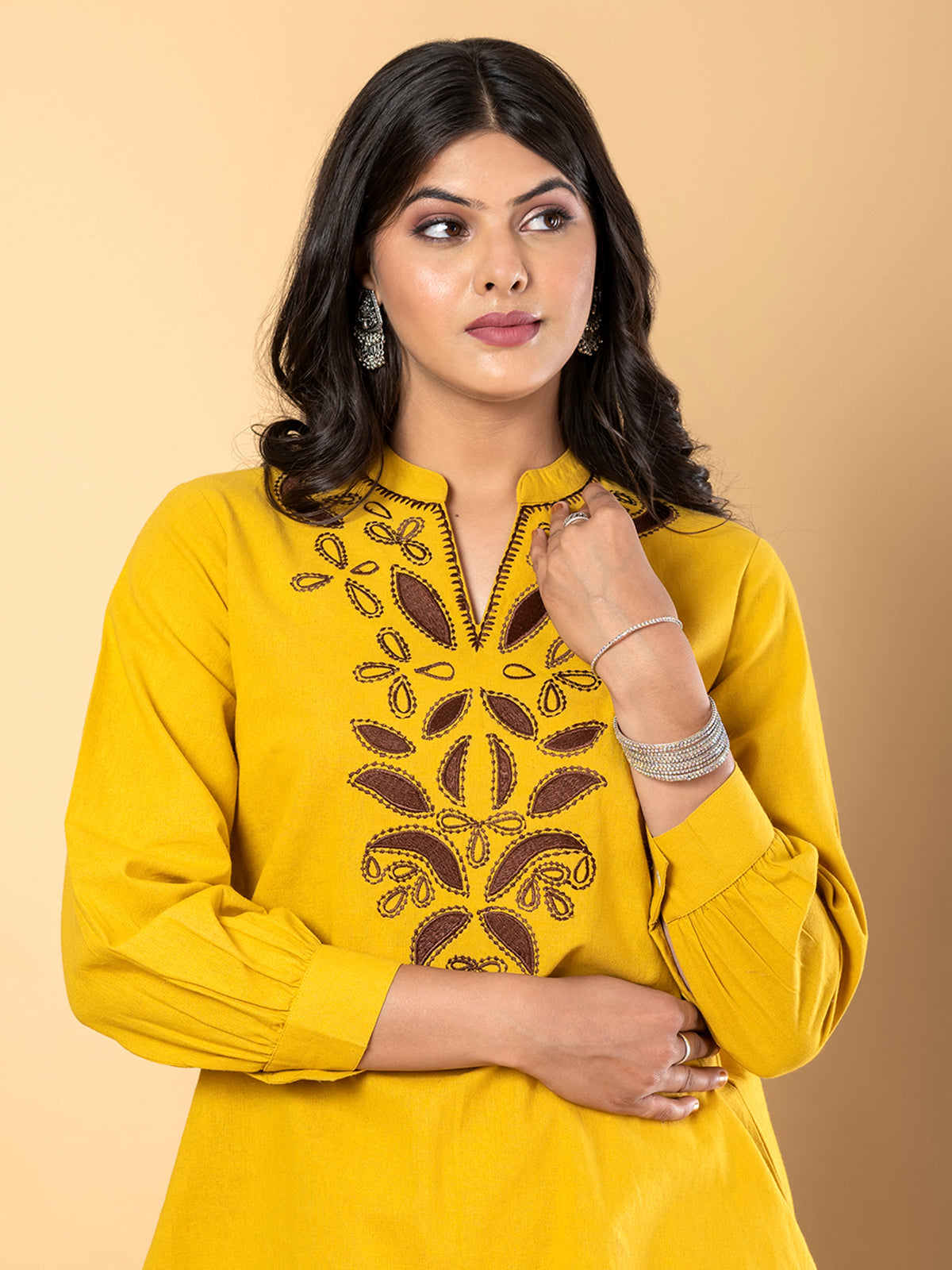 Mustard yellow cotton thread work casual co ord set