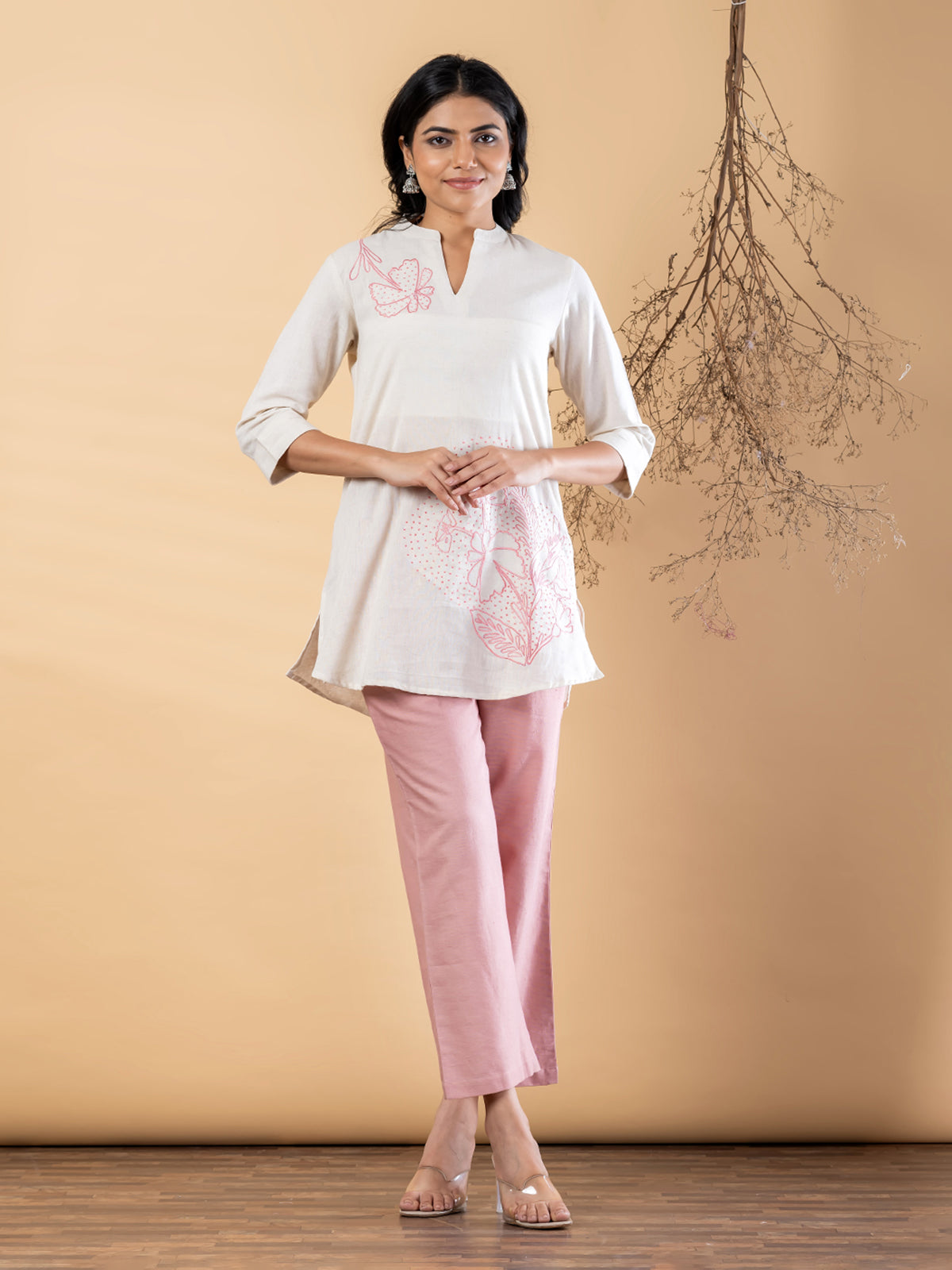 White pink cotton embroidered motif casual co ord set