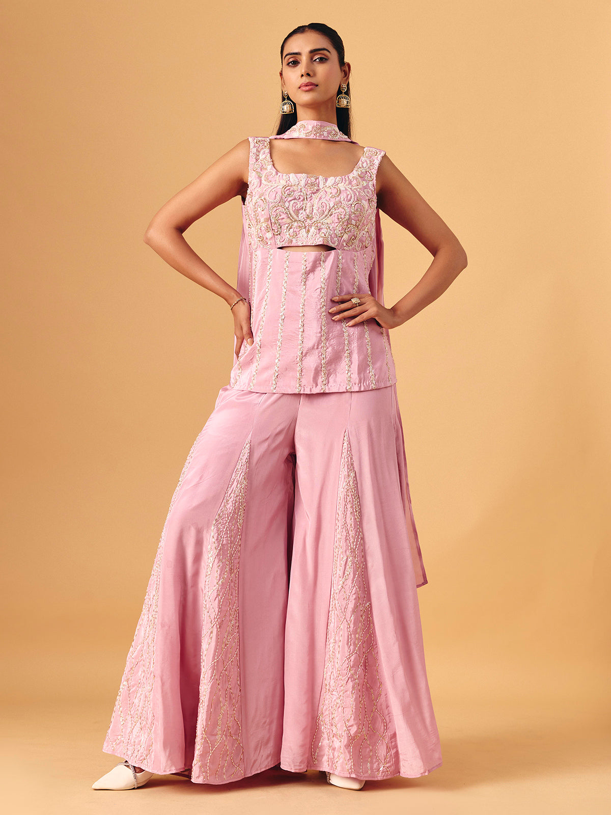 Light pink chinon silk palazzo suit with sequin work