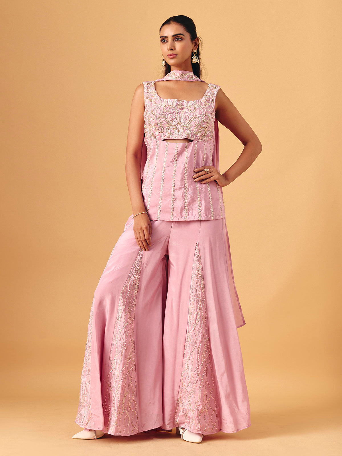 Light pink chinon silk palazzo suit with sequin work