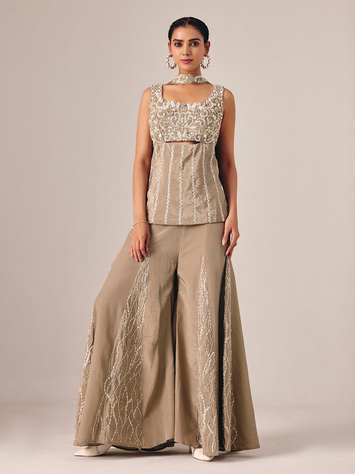 Dark beige chinon silk palazzo suit with embellishments
