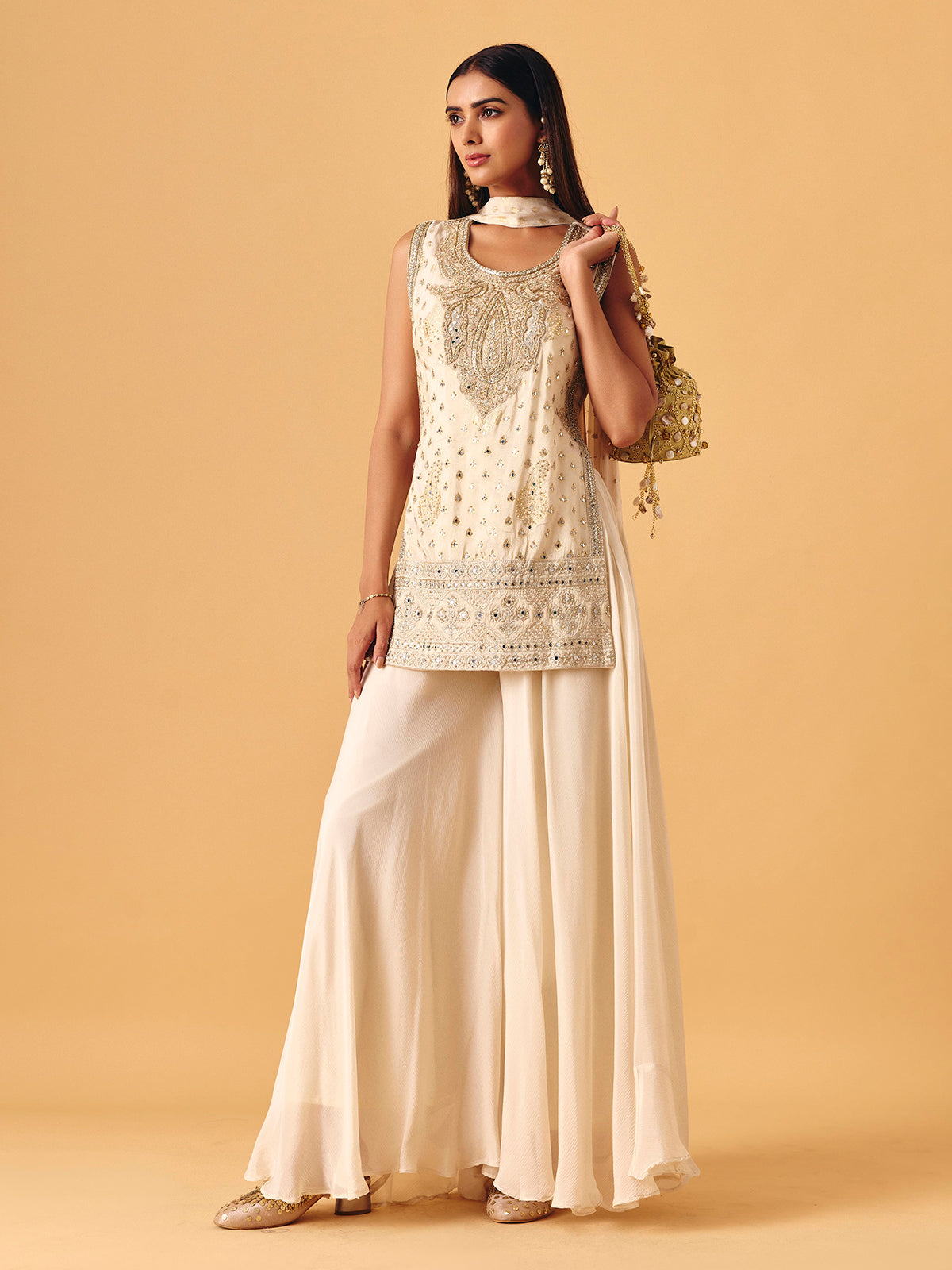 Cream chiffon georgette palazzo suit with pearl detailing