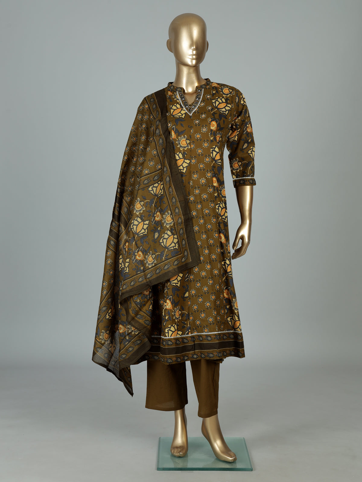 Mehendi olive cotton kurti set with floral detailing