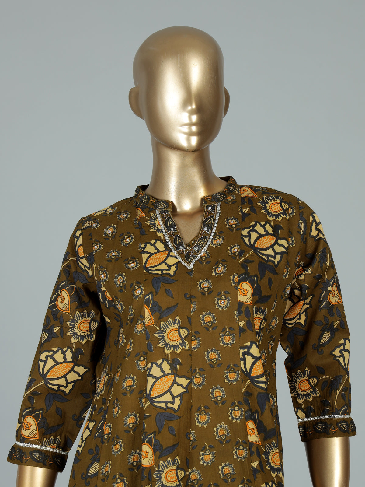 Mehendi olive cotton kurti set with floral detailing