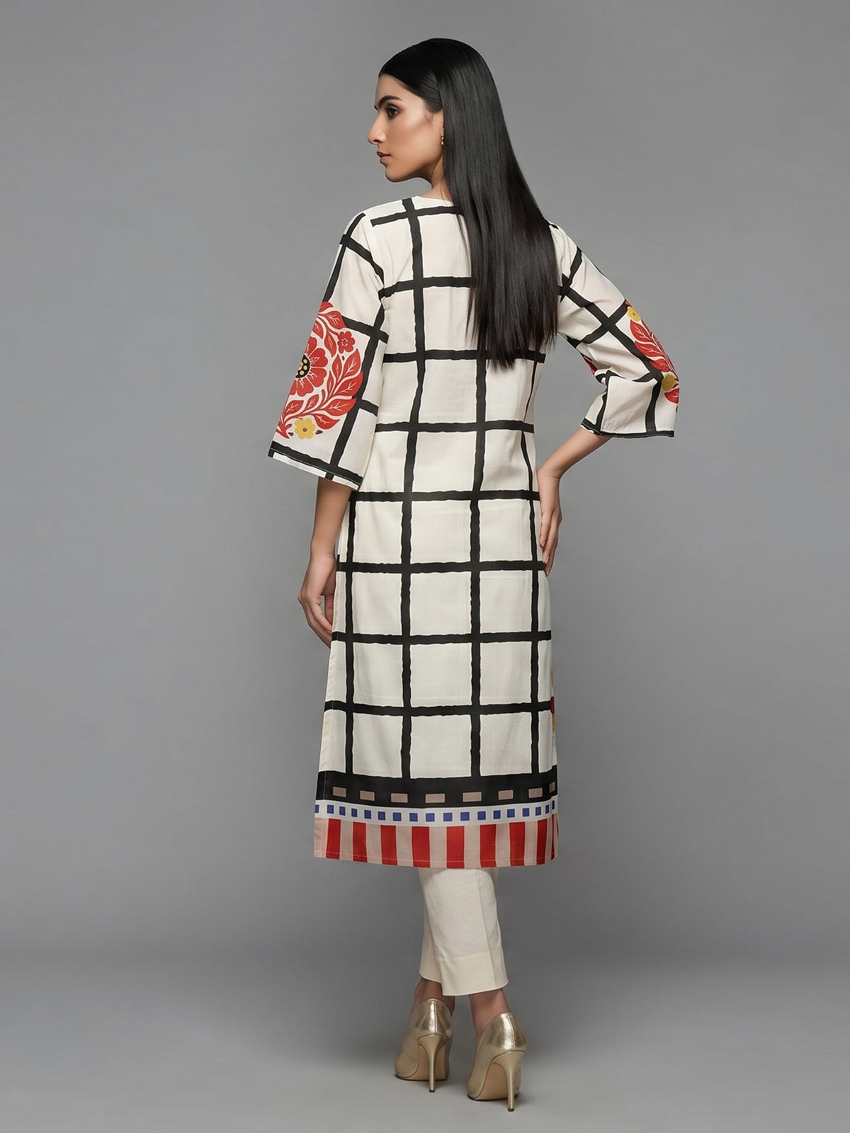 Off white silk kurti set with red floral print