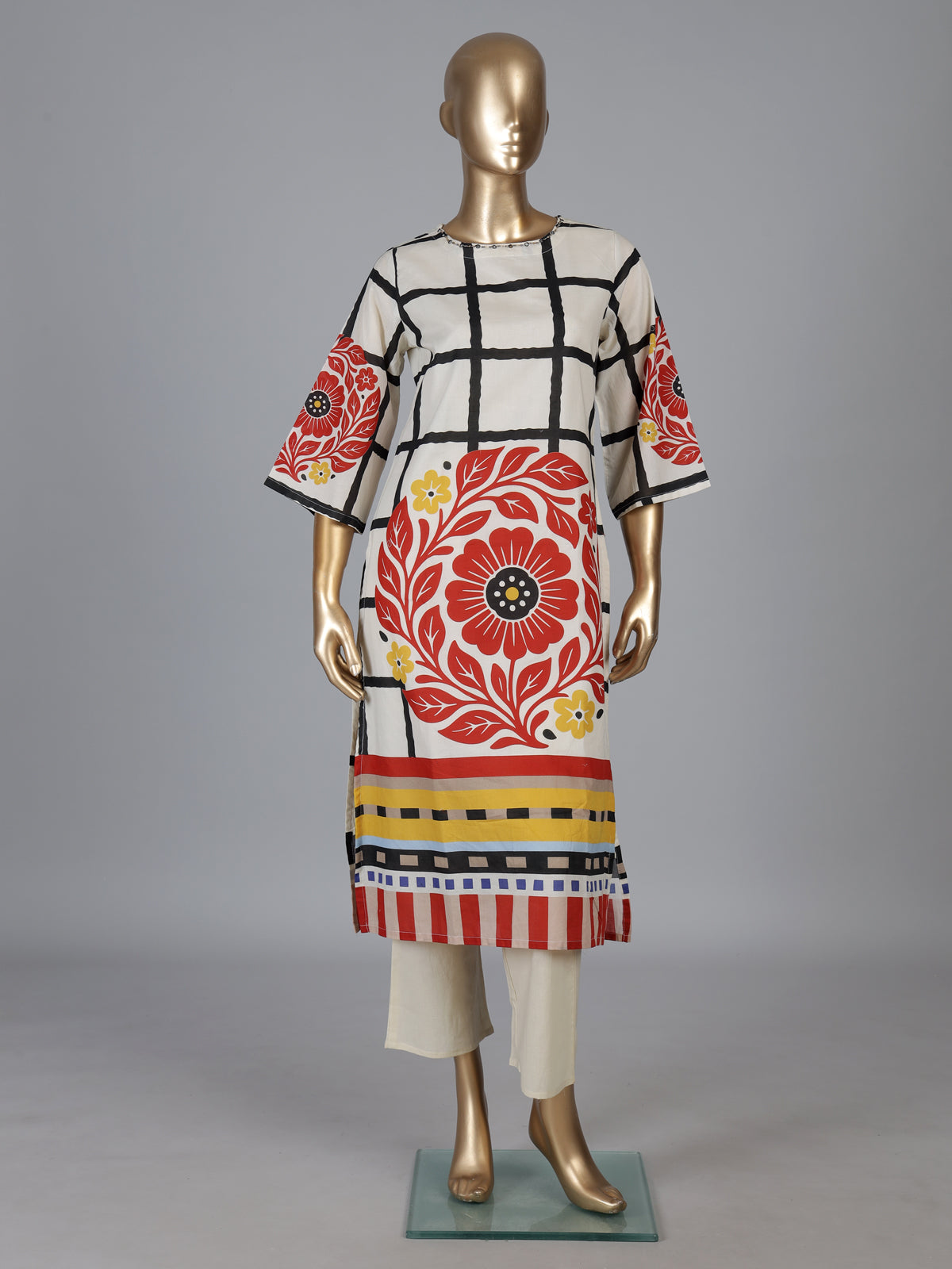 Off white silk kurti set with red floral print
