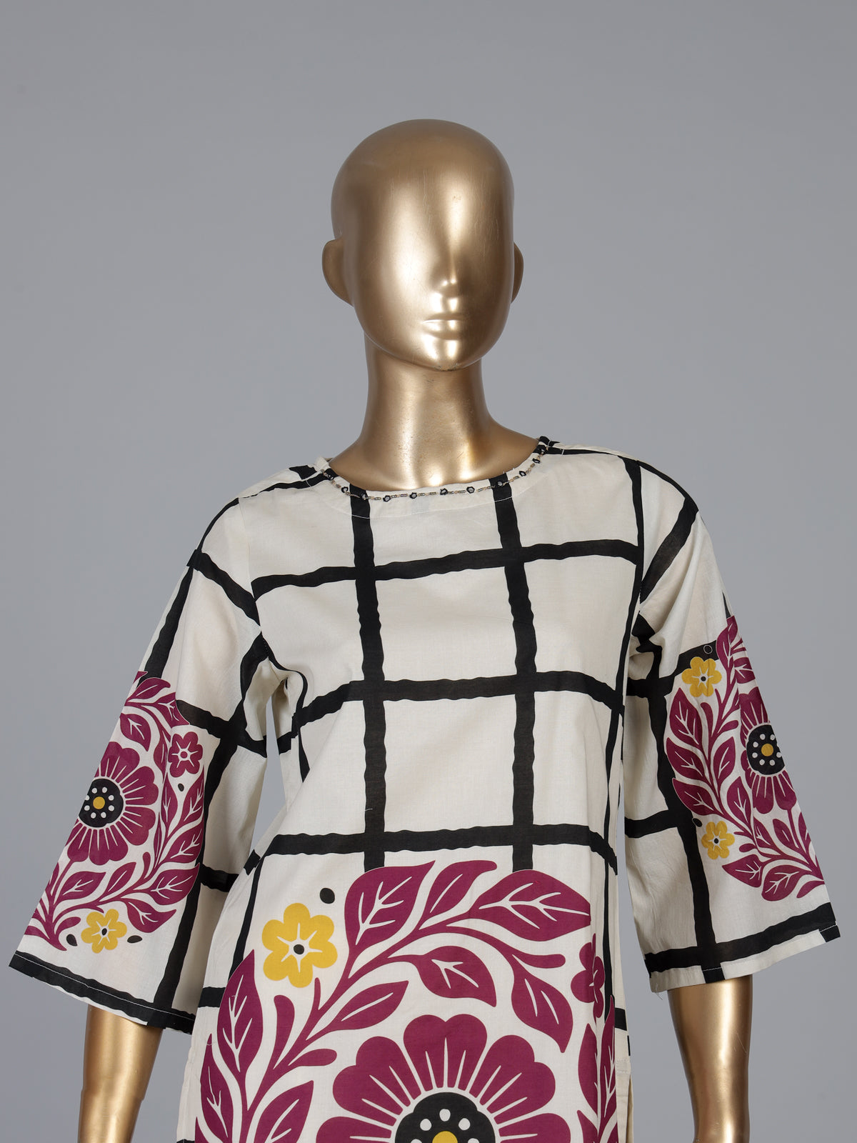 Off white silk kurti set with purple floral print