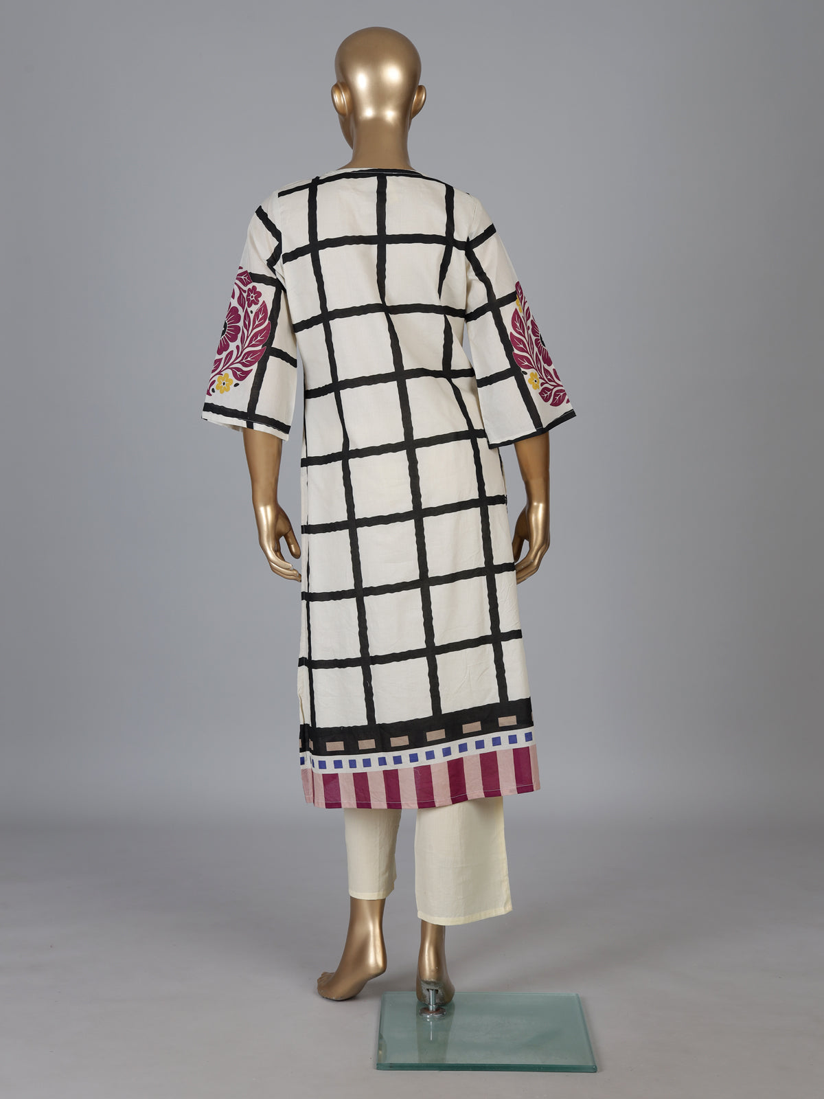 Off white silk kurti set with purple floral print