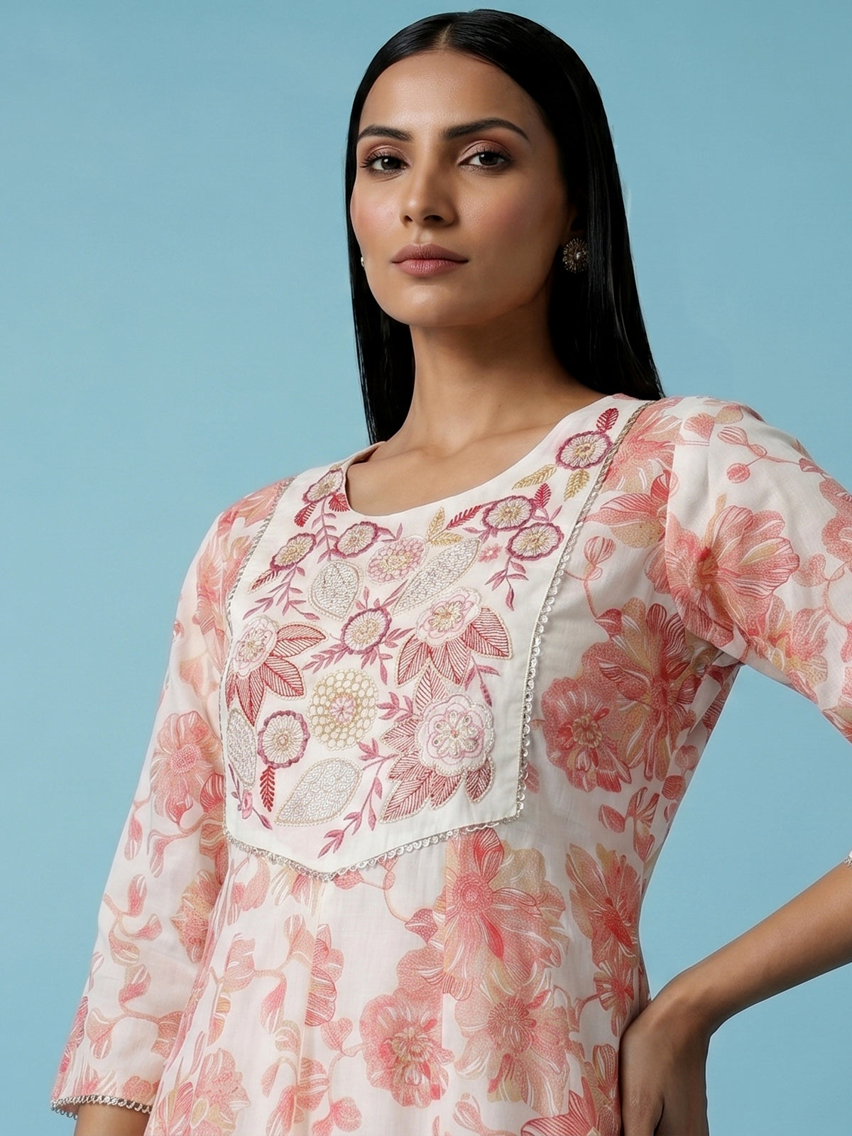 White cotton linen kurti set with red floral yoke