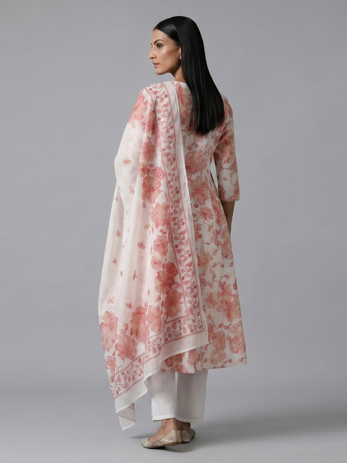 White cotton linen kurti set with red floral yoke