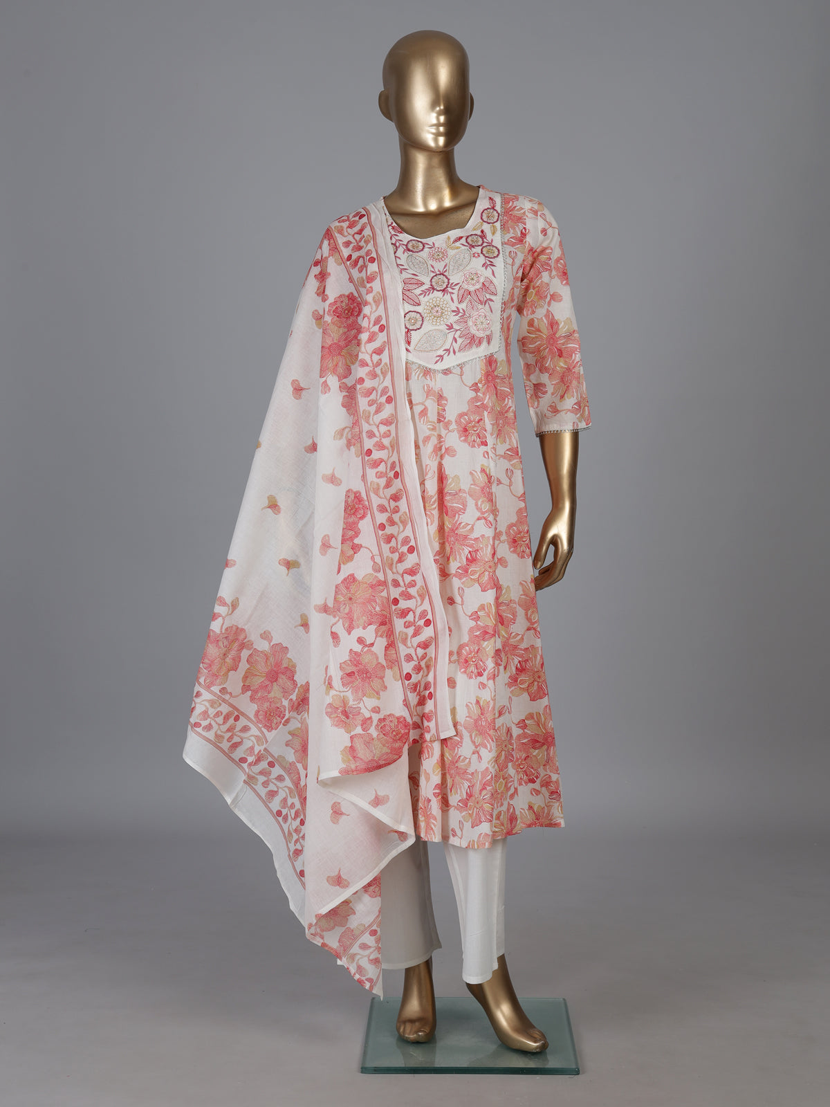 White cotton linen kurti set with red floral yoke